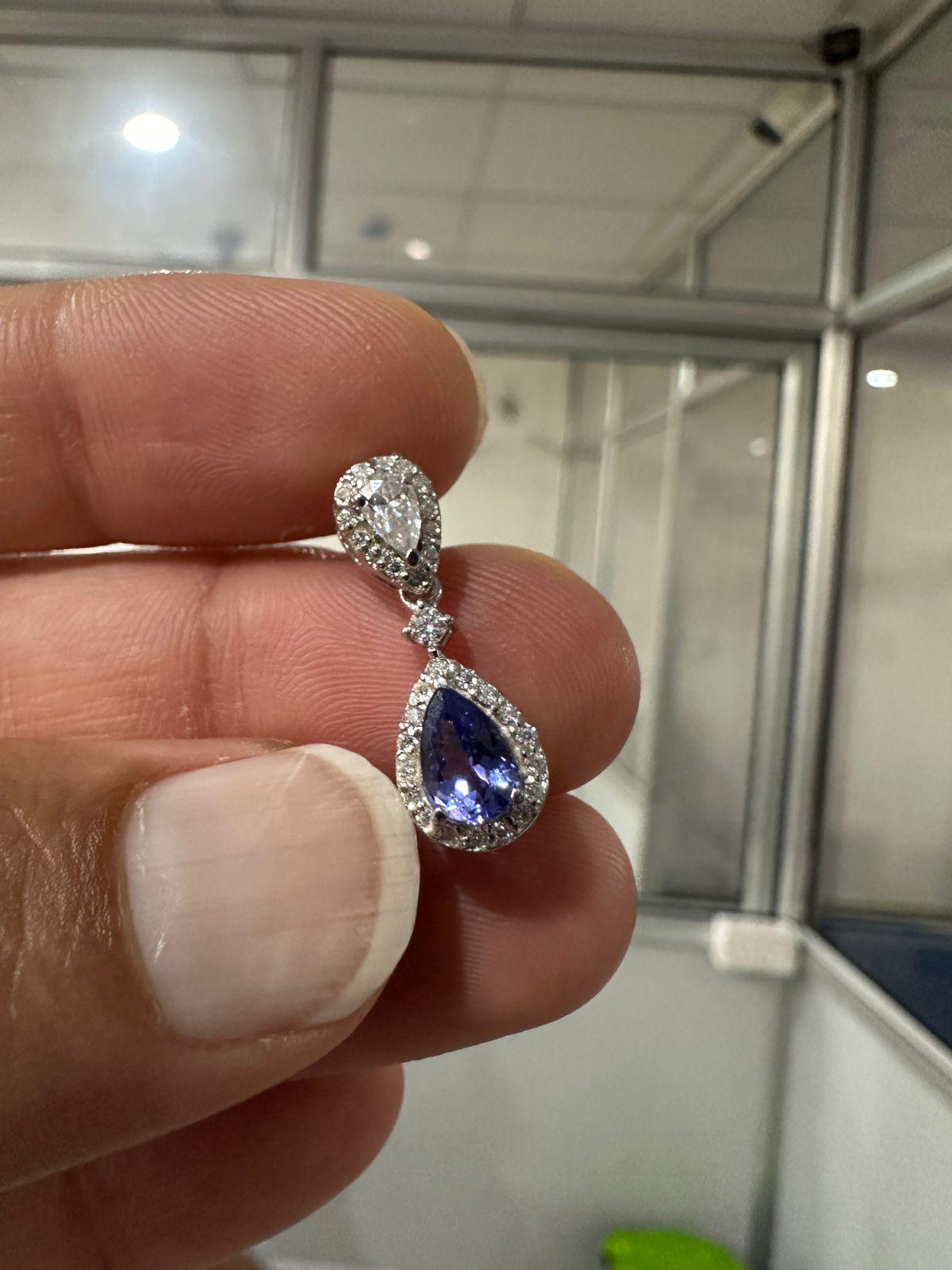 Natural Tanzanite Halo Drop Earrings, 14K White Gold, Pear Cut Moissanite Bridal Jewelry