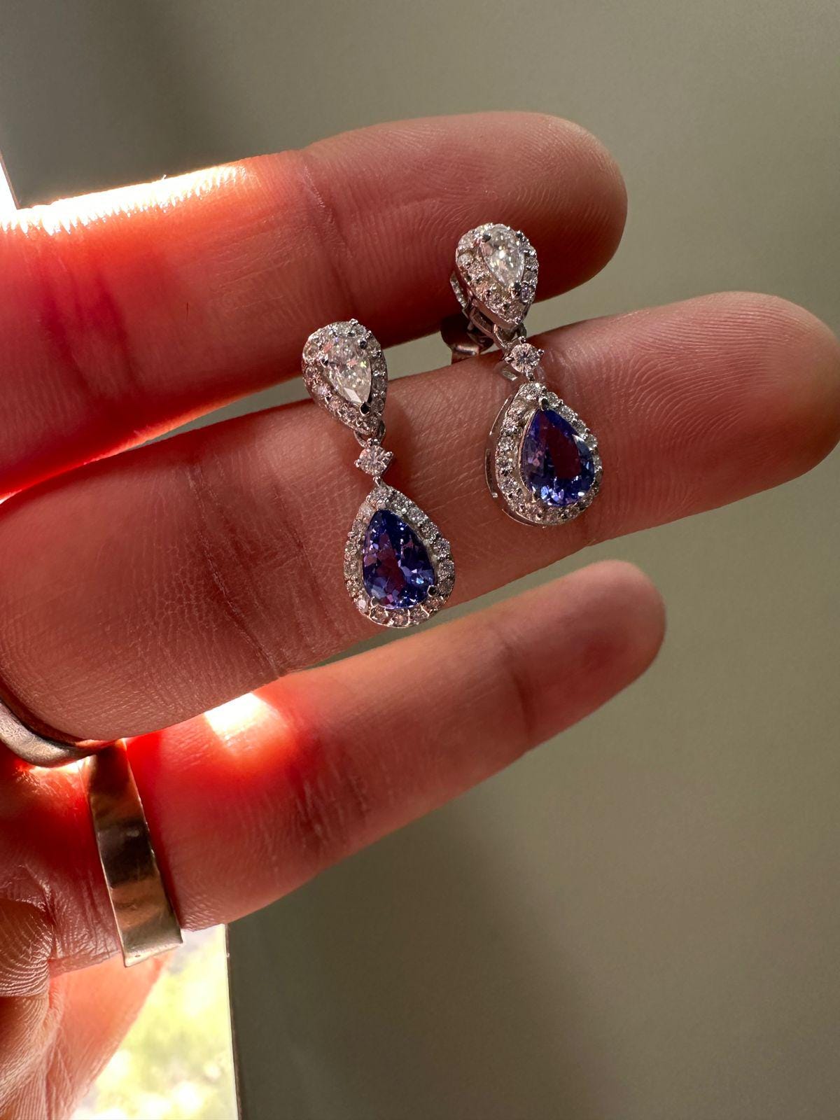 Natural Tanzanite Halo Drop Earrings, 14K White Gold, Pear Cut Moissanite Bridal Jewelry