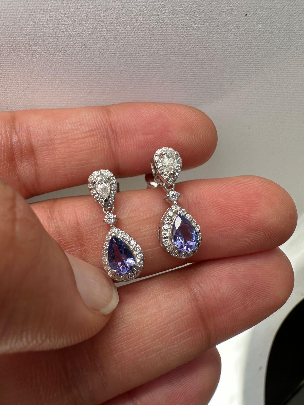 Natural Tanzanite Halo Drop Earrings, 14K White Gold, Pear Cut Moissanite Bridal Jewelry