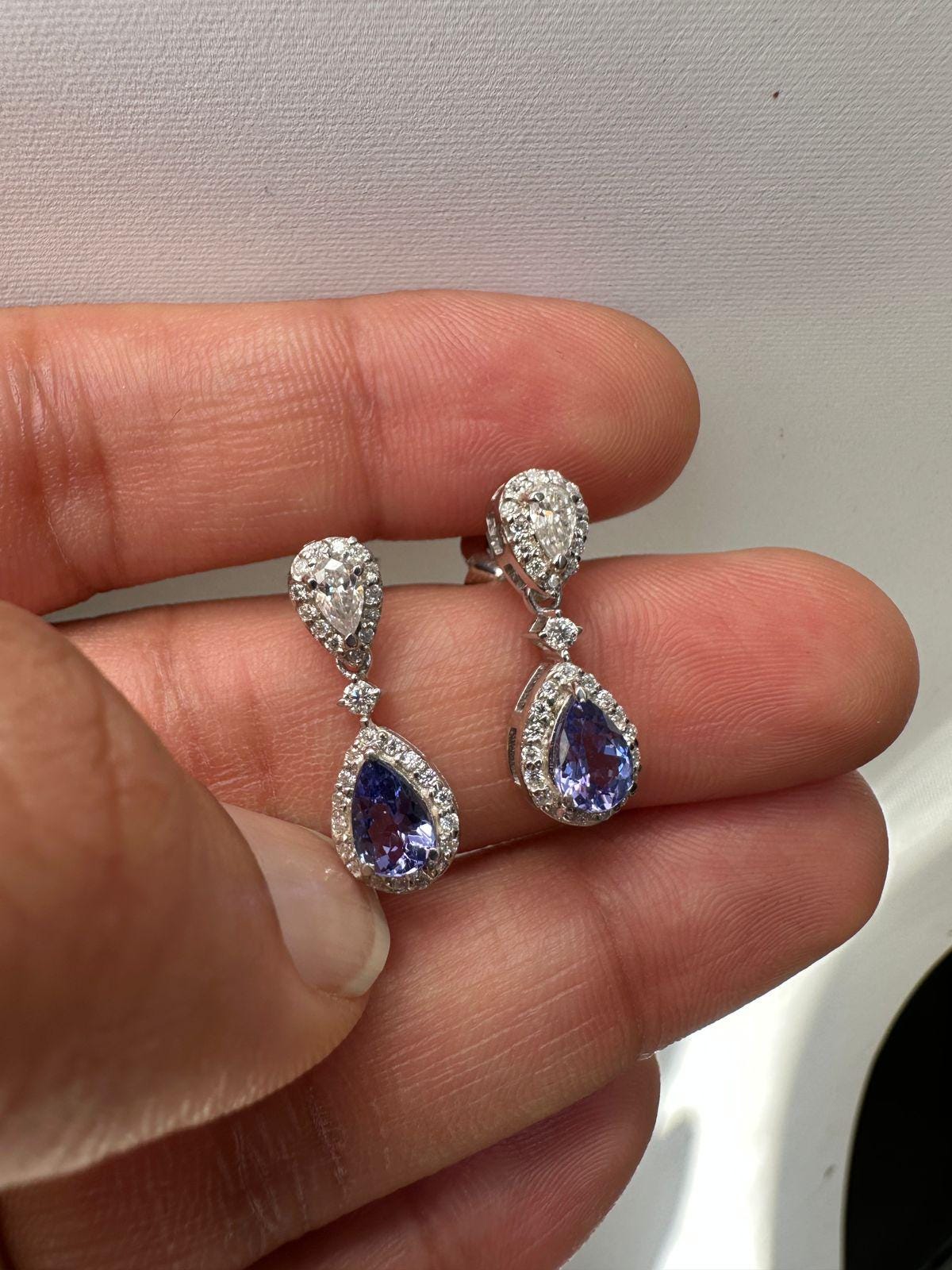 Natural Tanzanite Halo Drop Earrings, 14K White Gold, Pear Cut Moissanite Bridal Jewelry