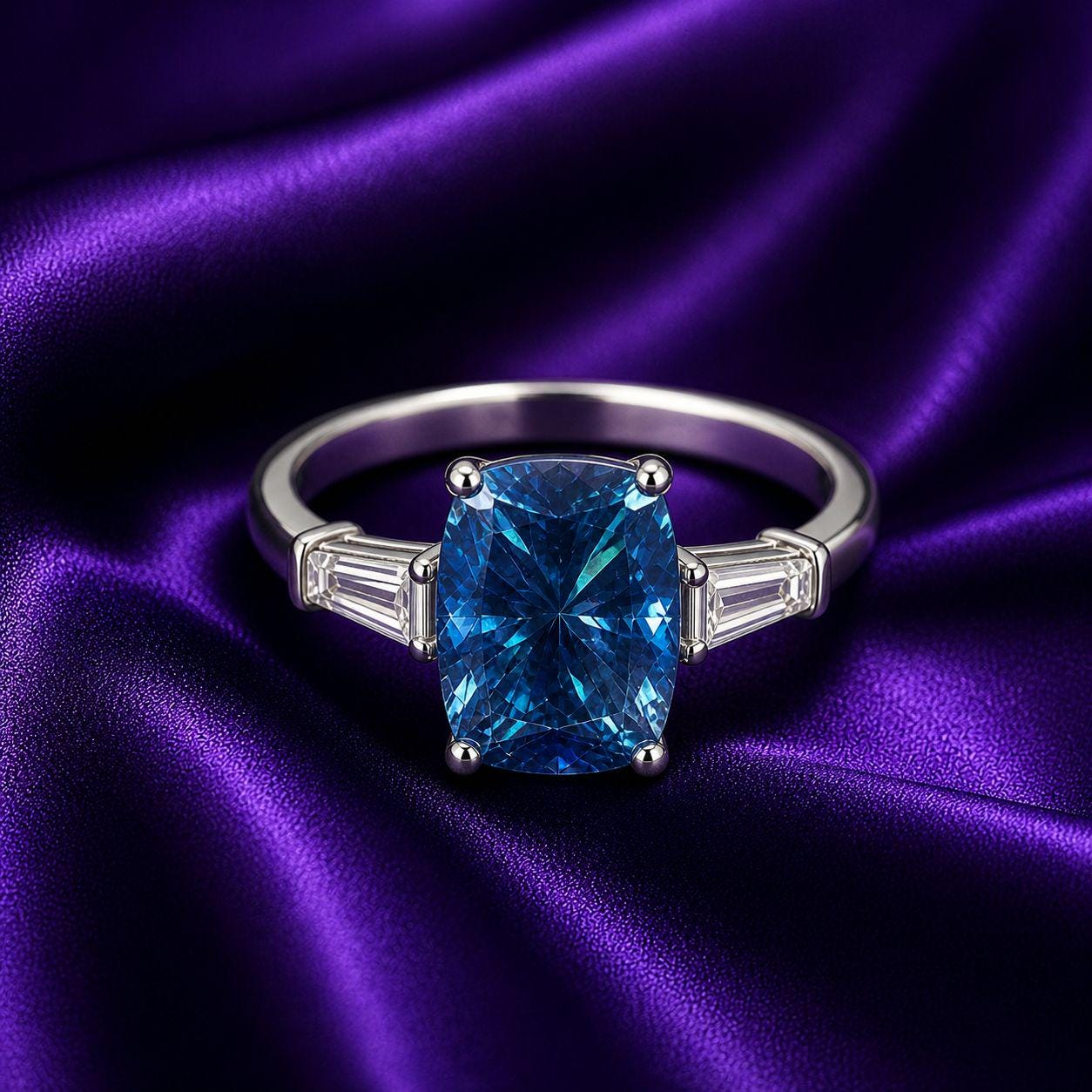 4 CT Blue Moissanite Engagement Ring | 925 Sterling Silver Three Stone Ring