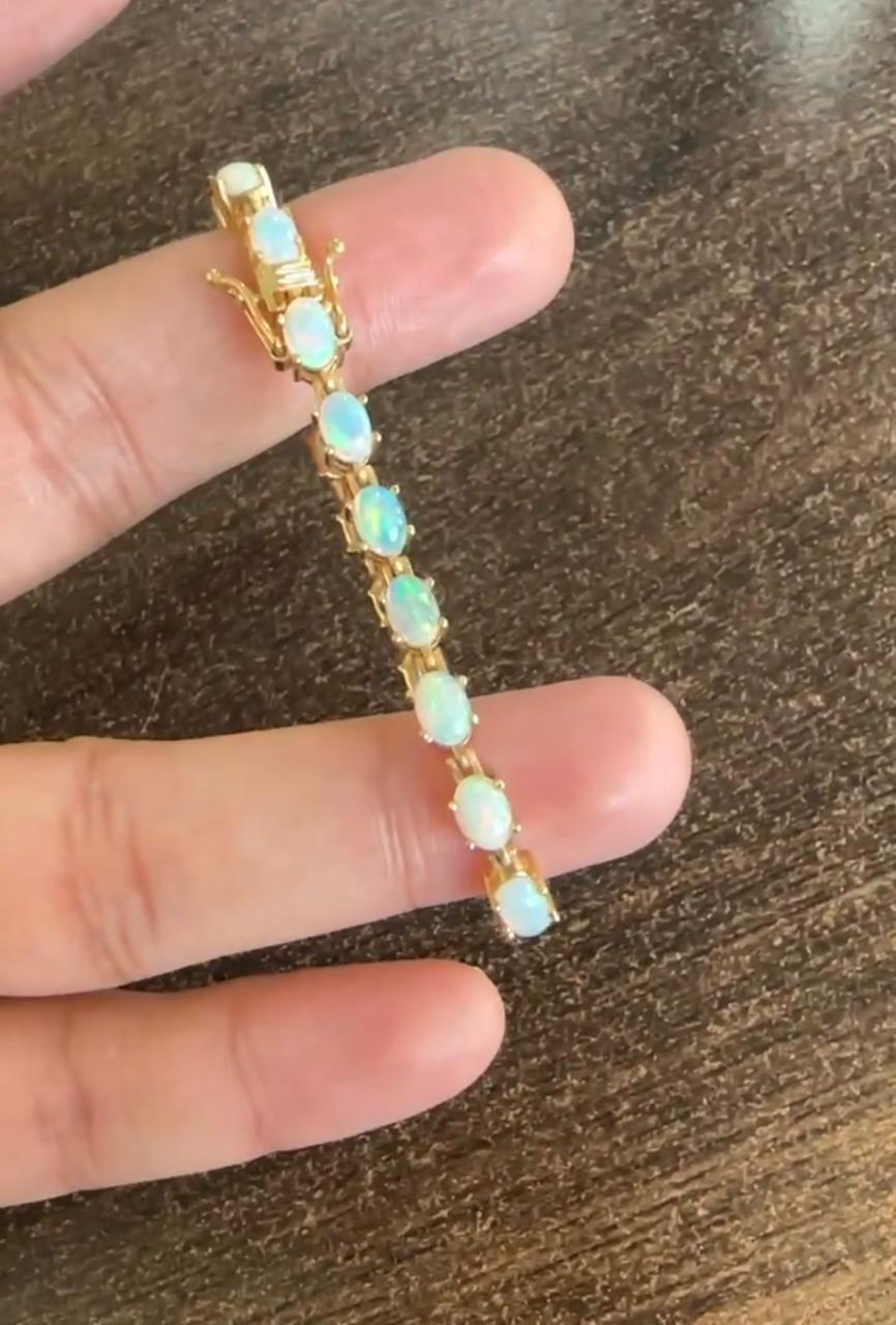 14K Gold Natural Opal Tennis Bracelet, Rainbow Fire Gemstone Jewelry, October Birthstone