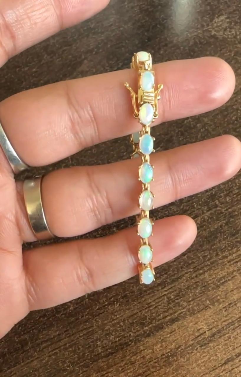 14K Gold Natural Opal Tennis Bracelet, Rainbow Fire Gemstone Jewelry, October Birthstone