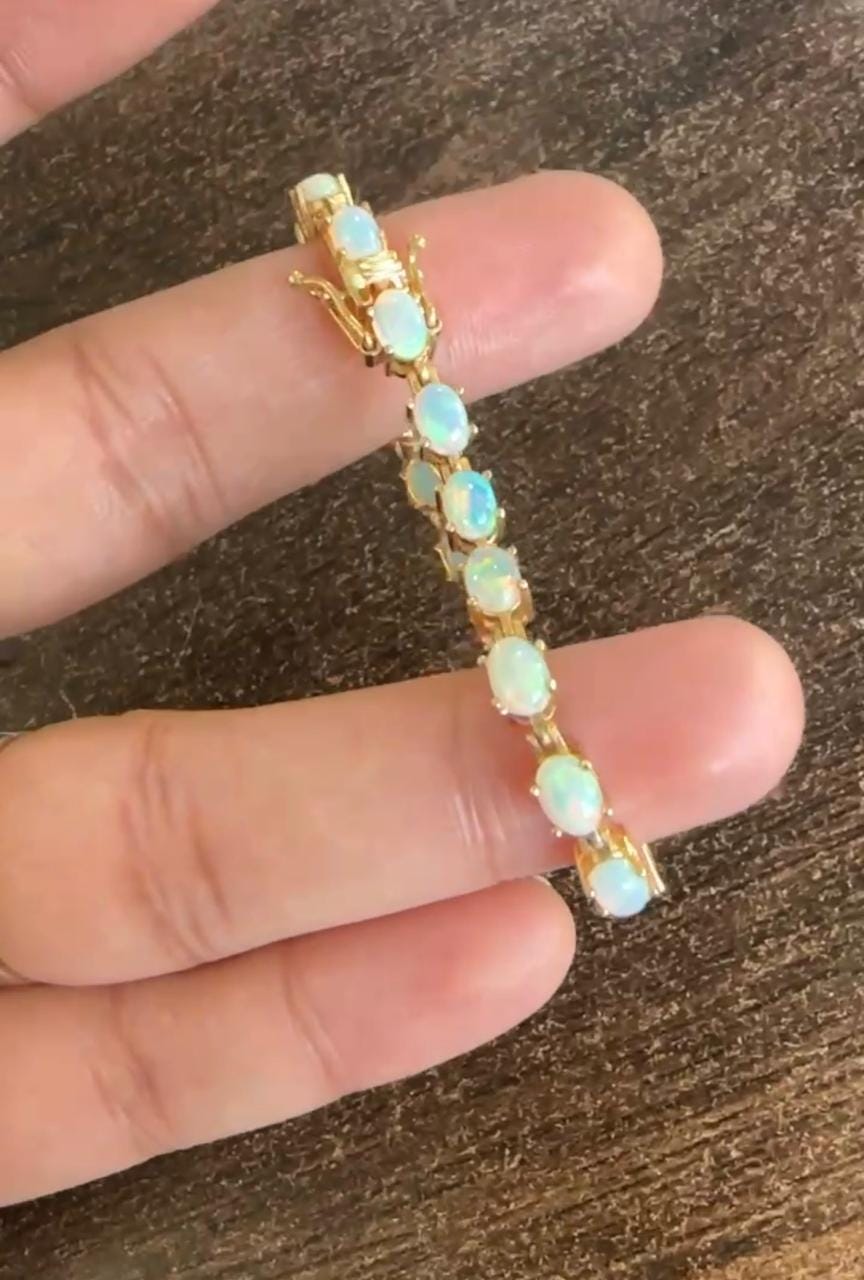 14K Gold Natural Opal Tennis Bracelet, Rainbow Fire Gemstone Jewelry, October Birthstone