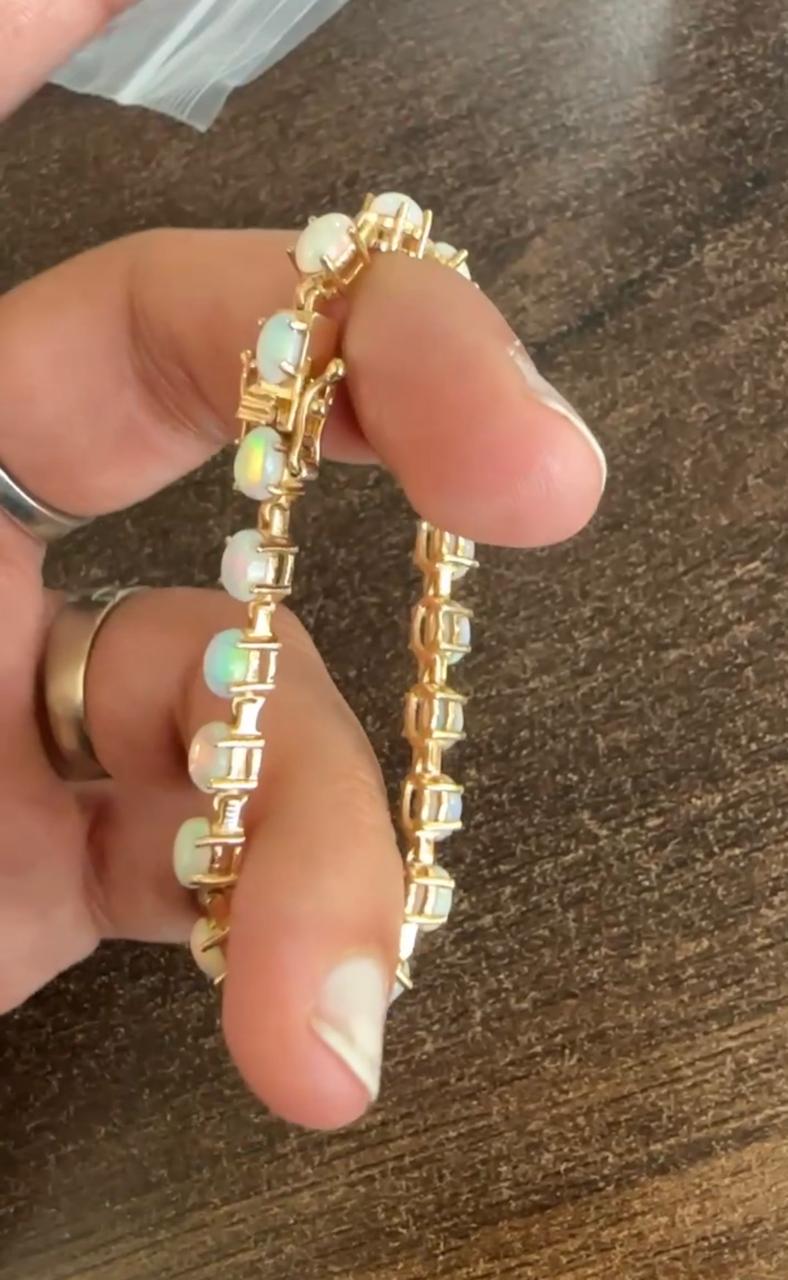 14K Gold Natural Opal Tennis Bracelet, Rainbow Fire Gemstone Jewelry, October Birthstone