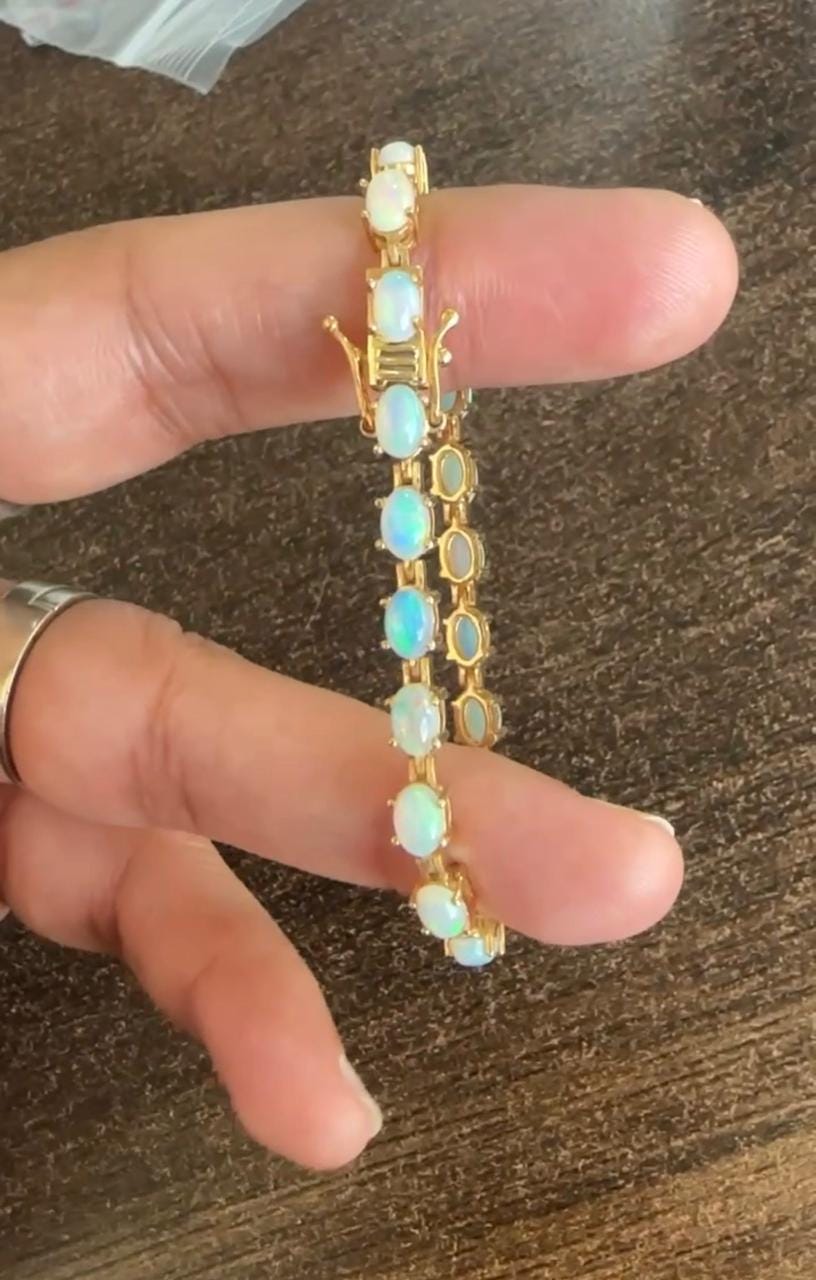 14K Gold Natural Opal Tennis Bracelet, Rainbow Fire Gemstone Jewelry, October Birthstone