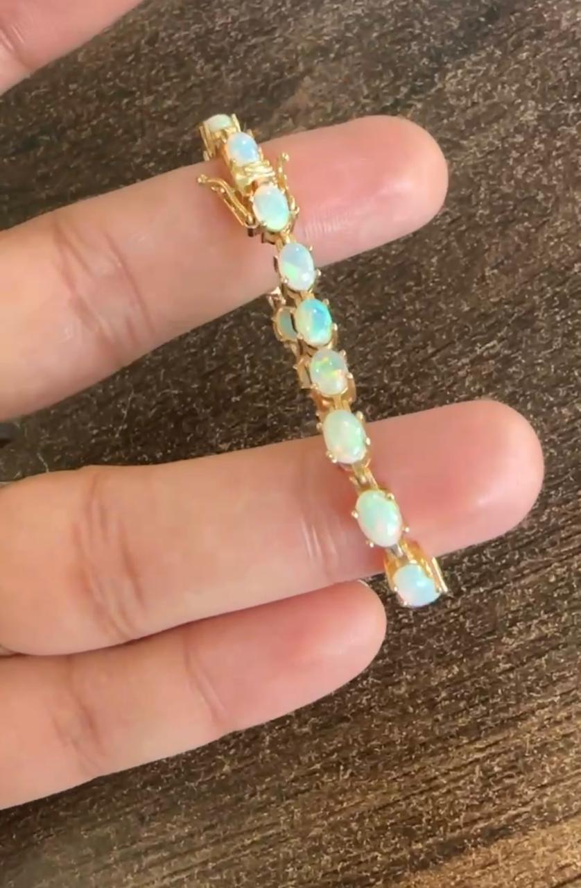 14K Gold Natural Opal Tennis Bracelet, Rainbow Fire Gemstone Jewelry, October Birthstone