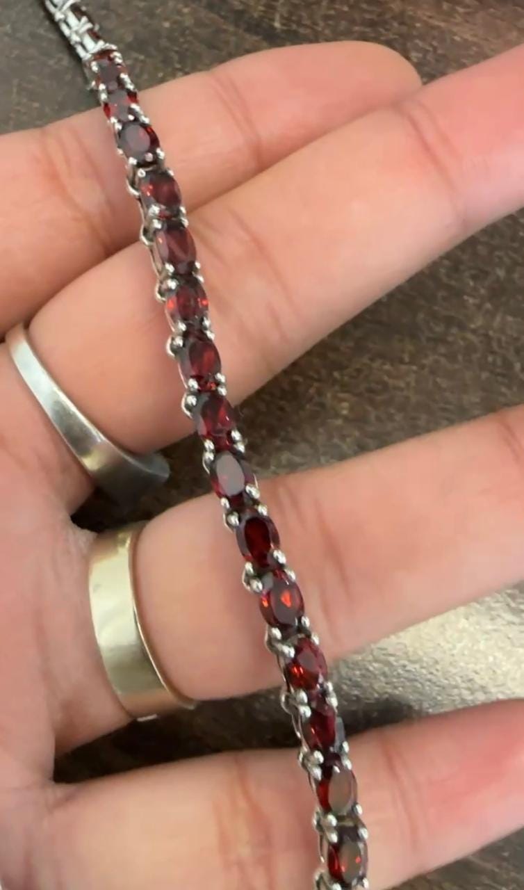 Natural Oval Garnet Tennis Necklace, 925 Sterling Silver, January Birthstone Jewelry