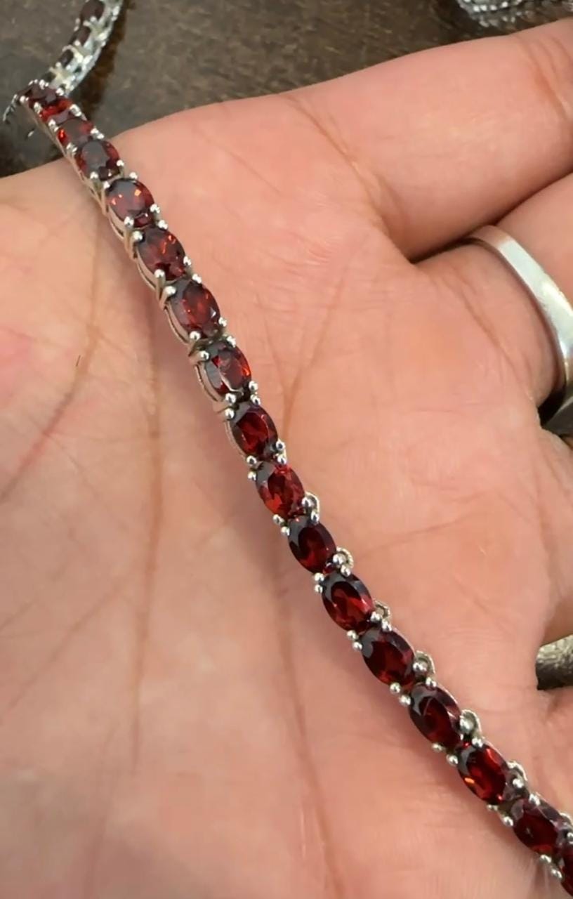 Natural Oval Garnet Tennis Necklace, 925 Sterling Silver, January Birthstone Jewelry