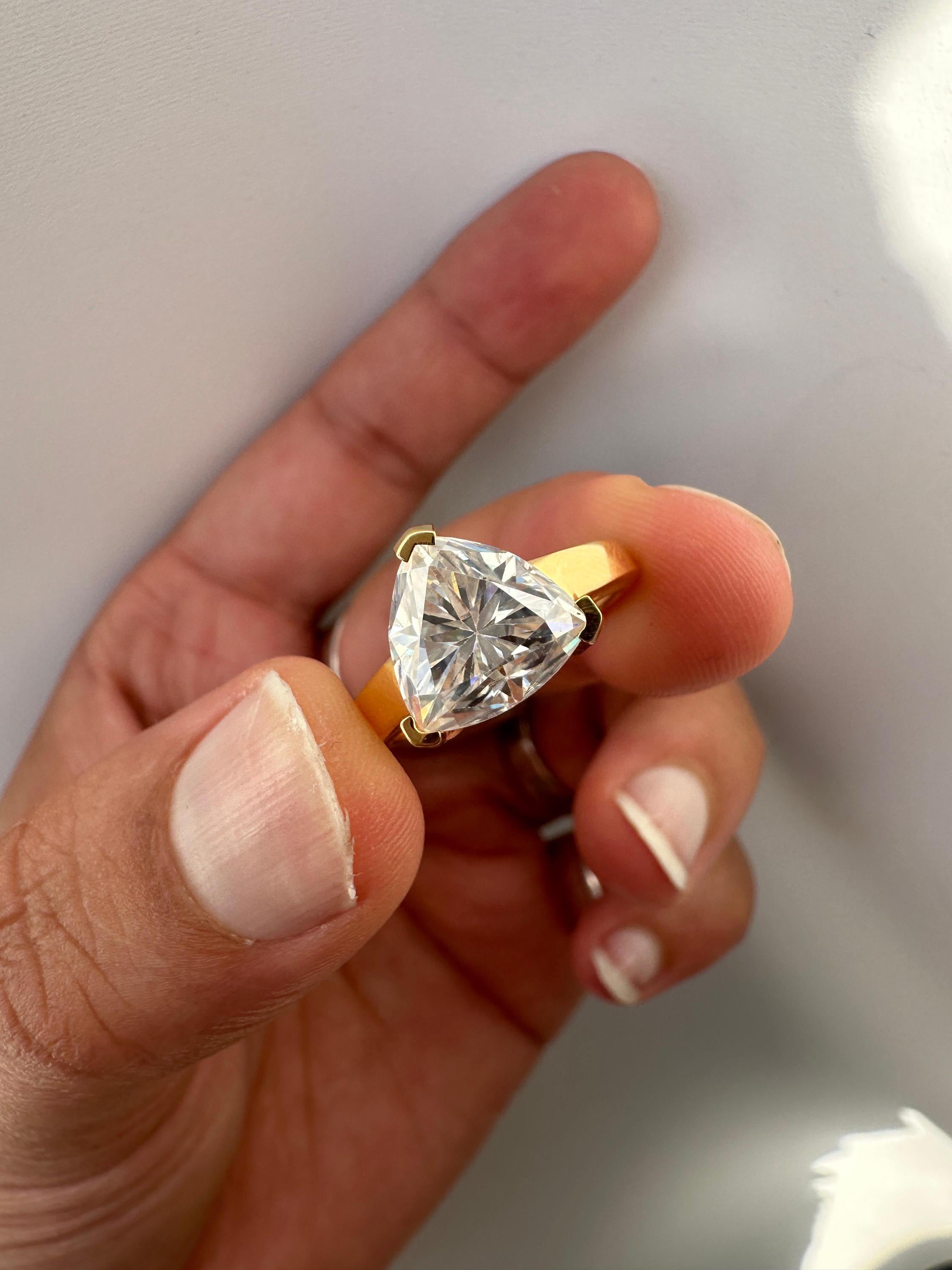 3 Carat Trillion Moissanite Engagement Ring, 14K Yellow Gold Modern Statement Ring