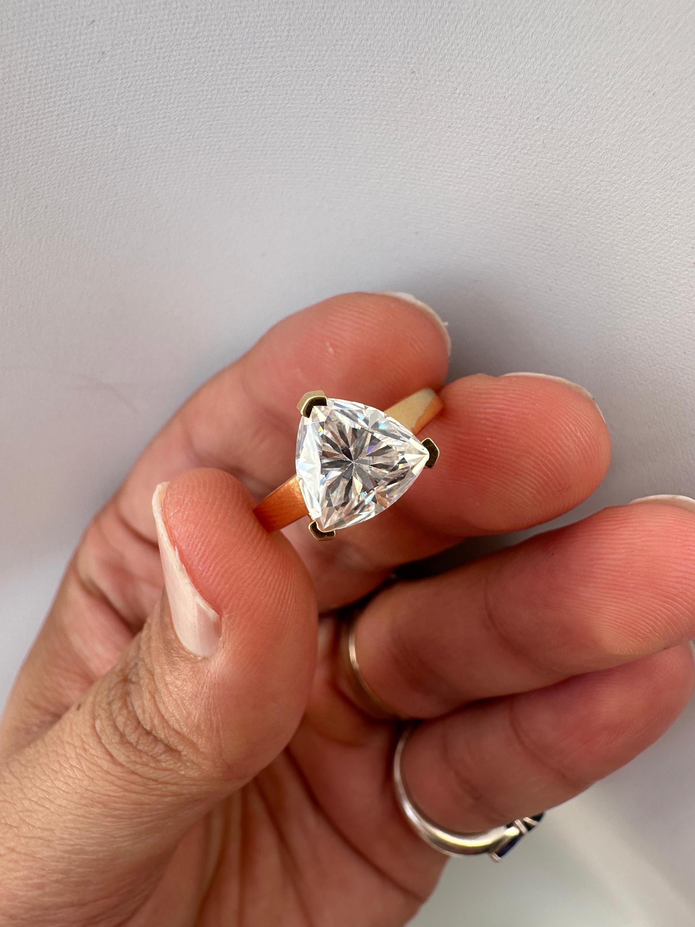 3 Carat Trillion Moissanite Engagement Ring, 14K Yellow Gold Modern Statement Ring