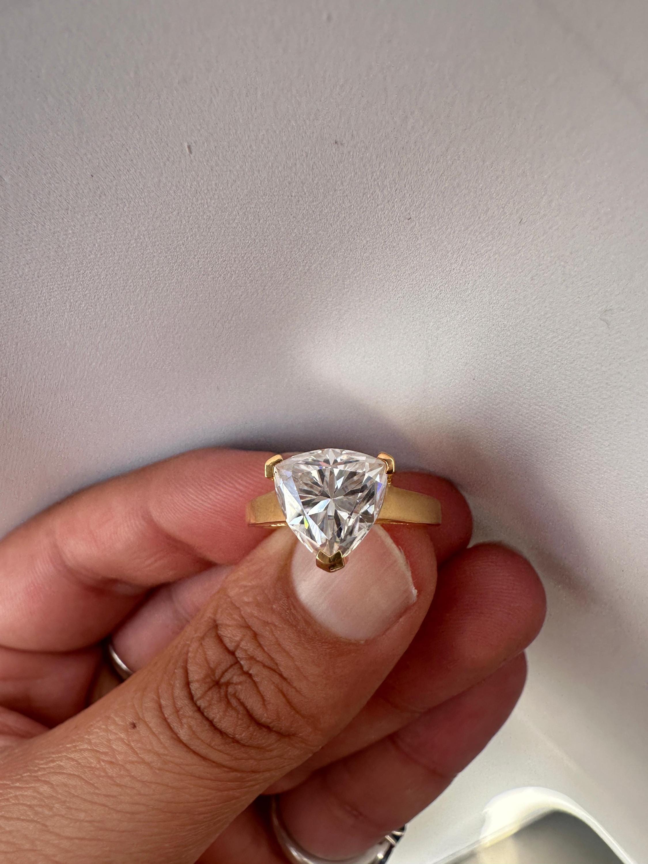 3 Carat Trillion Moissanite Engagement Ring, 14K Yellow Gold Modern Statement Ring