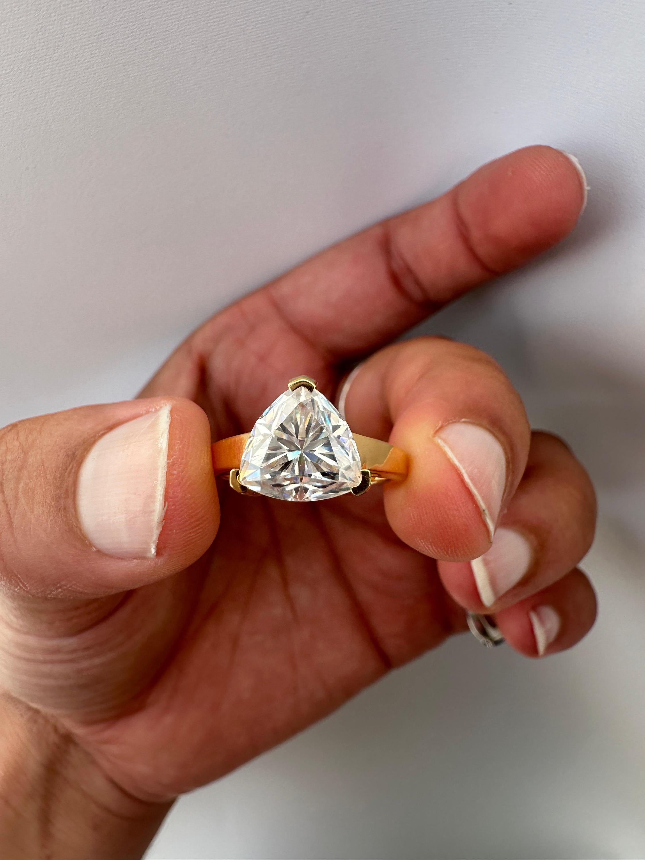 3 Carat Trillion Moissanite Engagement Ring, 14K Yellow Gold Modern Statement Ring