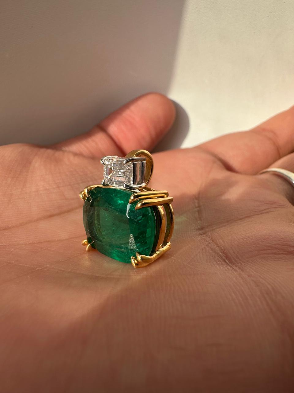 10 CT Lab Emerald Cushion Cut Pendant, Moissanite Accent, Sterling Silver Snake Chain