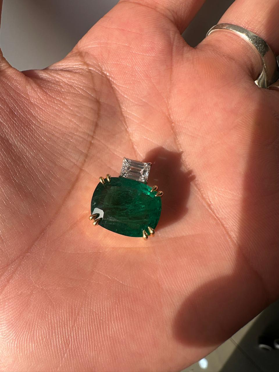 10 CT Lab Emerald Cushion Cut Pendant, Moissanite Accent, Sterling Silver Snake Chain