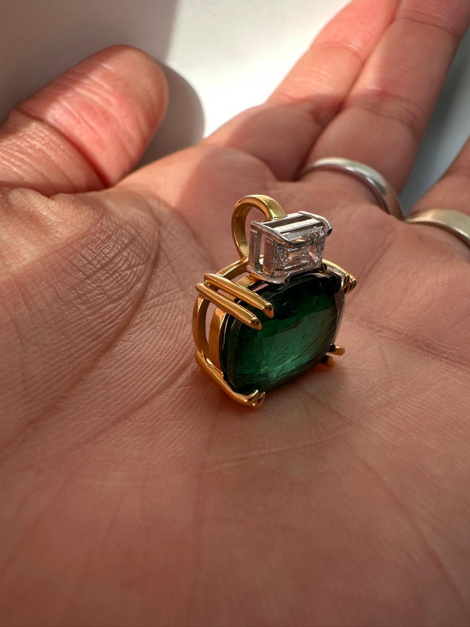 10 CT Lab Emerald Cushion Cut Pendant, Moissanite Accent, Sterling Silver Snake Chain