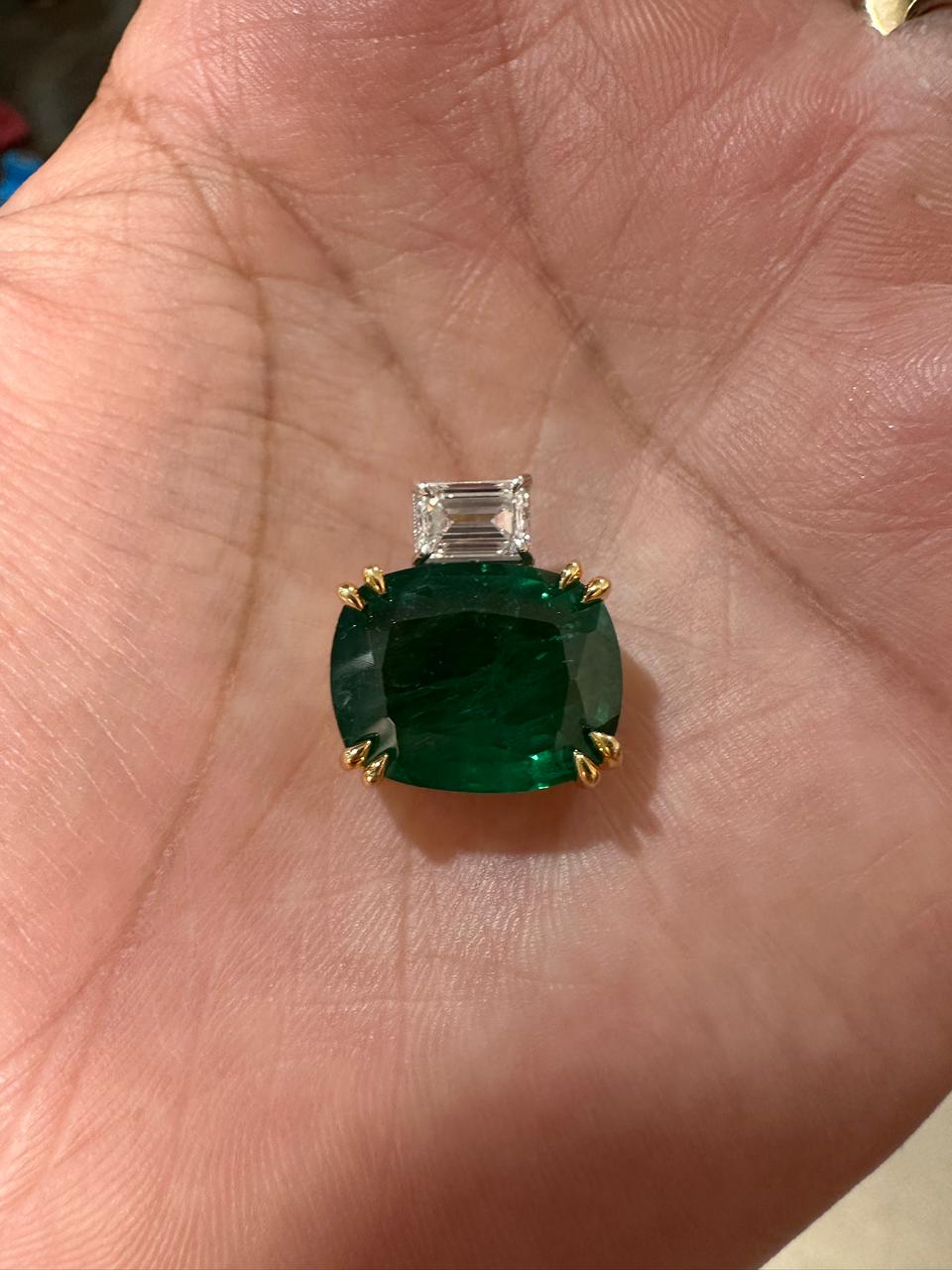 10 CT Lab Emerald Cushion Cut Pendant, Moissanite Accent, Sterling Silver Snake Chain