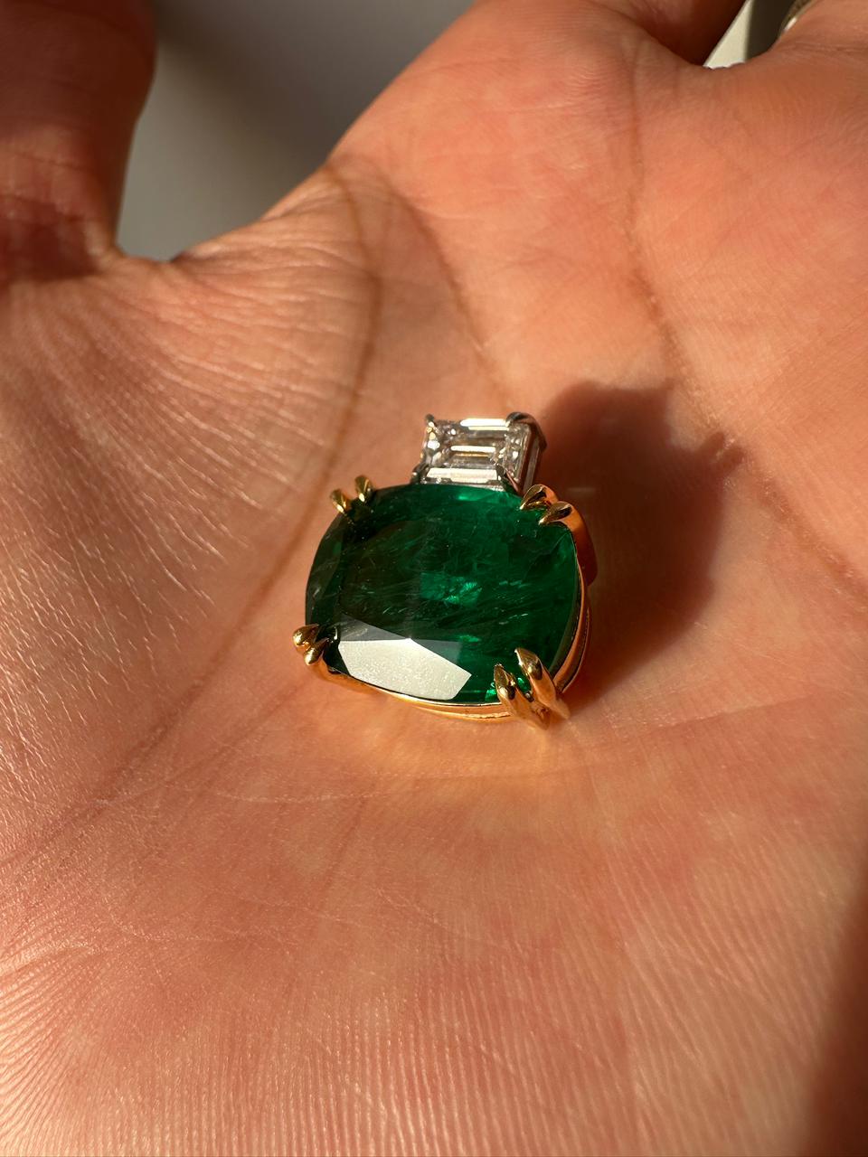 10 CT Lab Emerald Cushion Cut Pendant, Moissanite Accent, Sterling Silver Snake Chain
