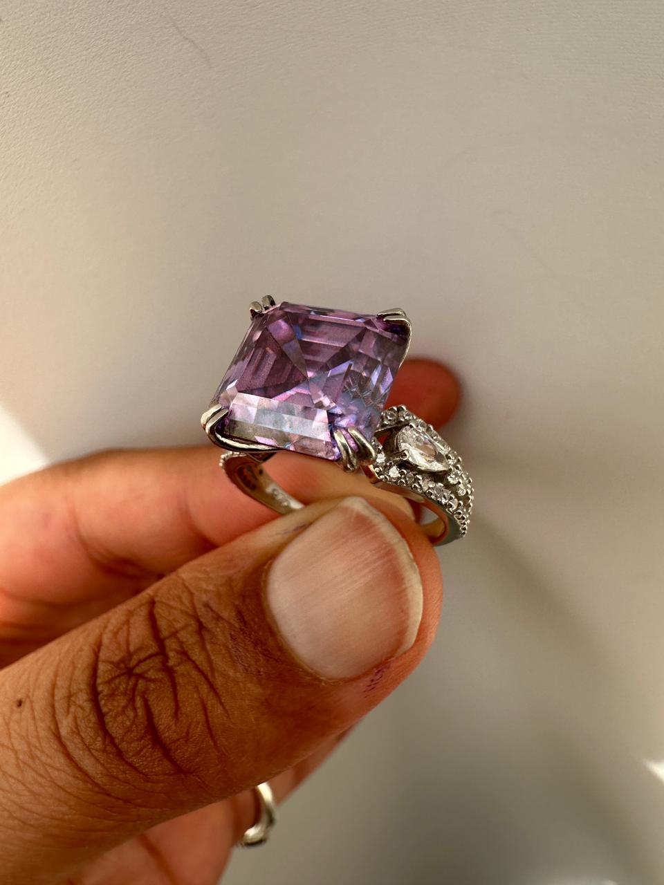 Lavender Asscher Moissanite Ring, 10 CT Luxury Engagement Ring 14k White Gold