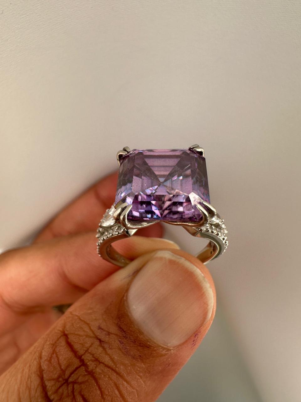 10 CT Purple Moissanite Statement Ring, Asscher Cut Luxury Engagement Ring, 14k White Gold