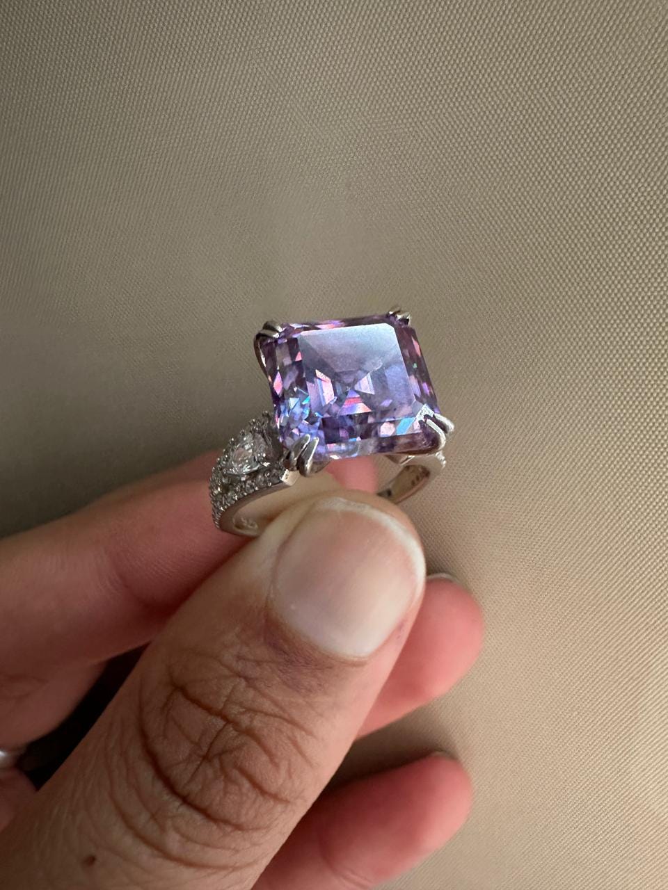 Lavender Asscher Moissanite Ring, 10 CT Luxury Engagement Ring 14k White Gold