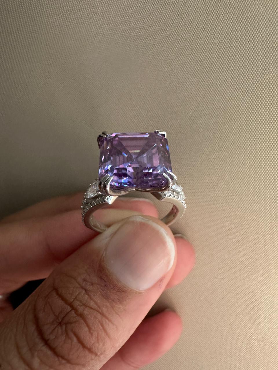 Lavender Asscher Moissanite Ring, 10 CT Luxury Engagement Ring 14k White Gold
