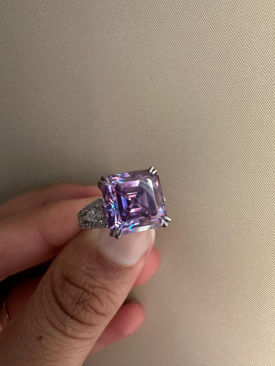 Lavender Asscher Moissanite Ring, 10 CT Luxury Engagement Ring 14k White Gold