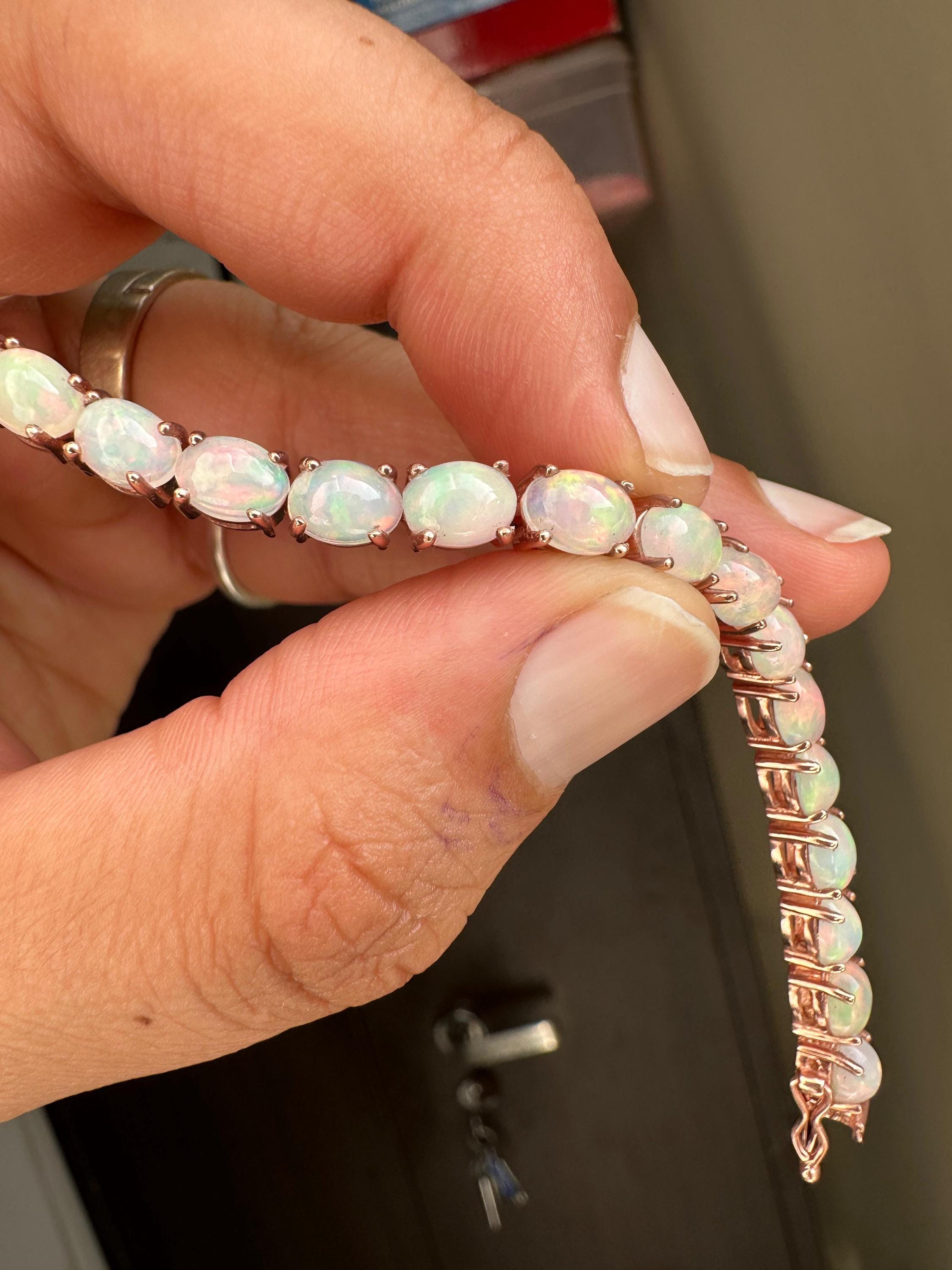 20 CT Ethiopian Opal Tennis Bracelet, Rose Gold Vermeil, Oval Gemstone Jewelry