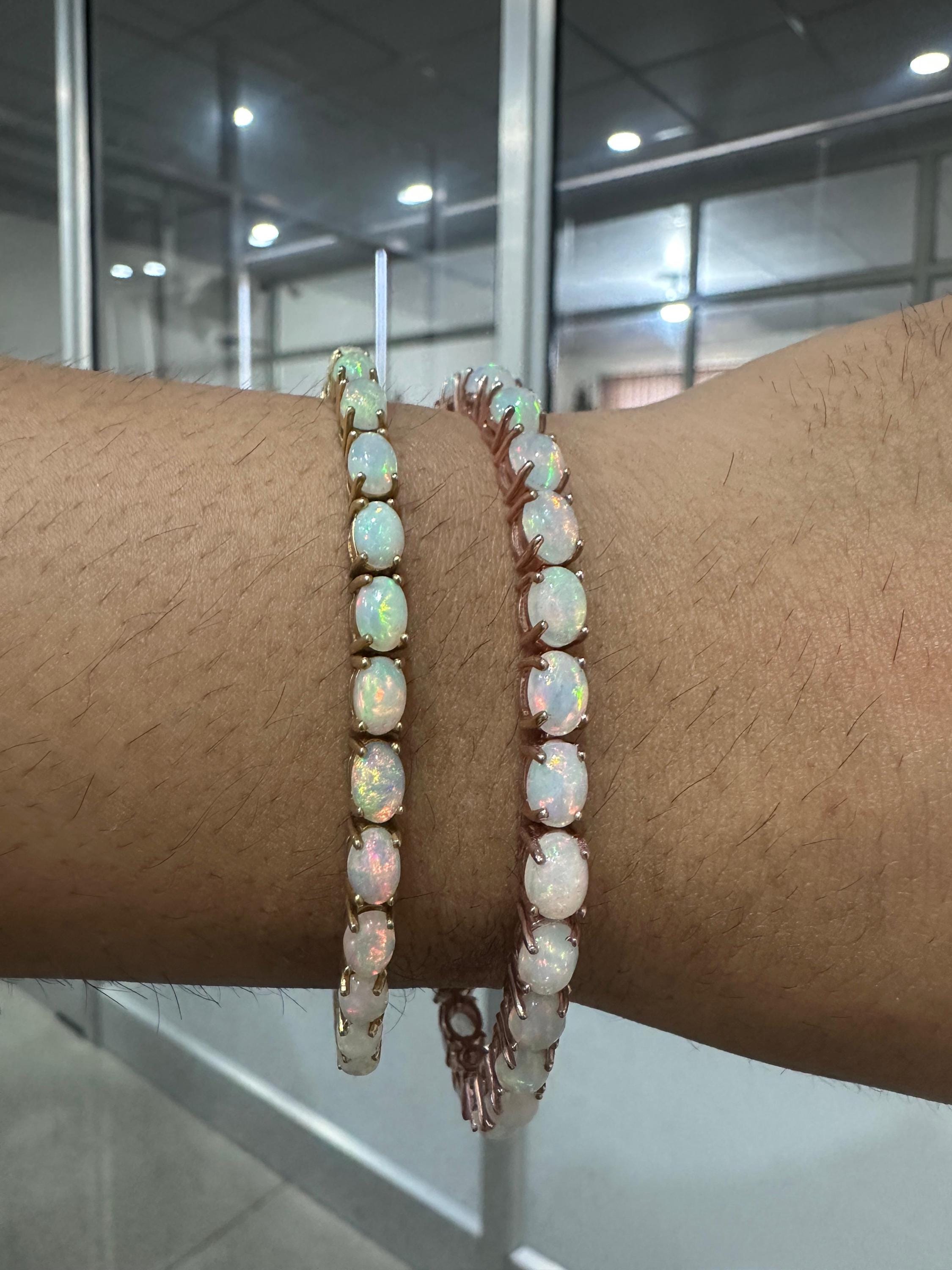 His & Hers Opal Tennis Bracelet Set, Luxury Couple Jewelry in Gold Finish, October Birthstone
