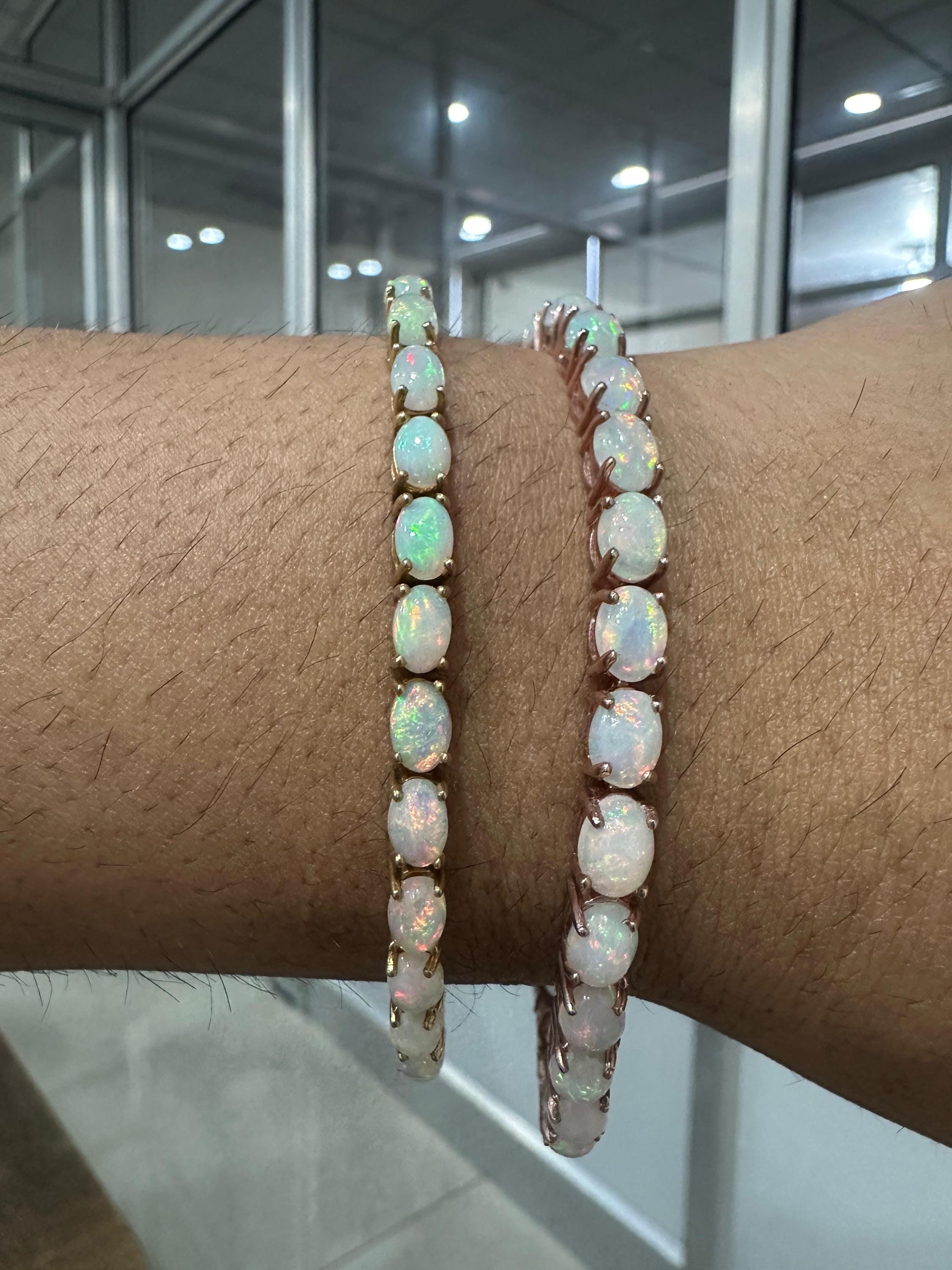 His & Hers Opal Tennis Bracelet Set, Luxury Couple Jewelry in Gold Finish, October Birthstone