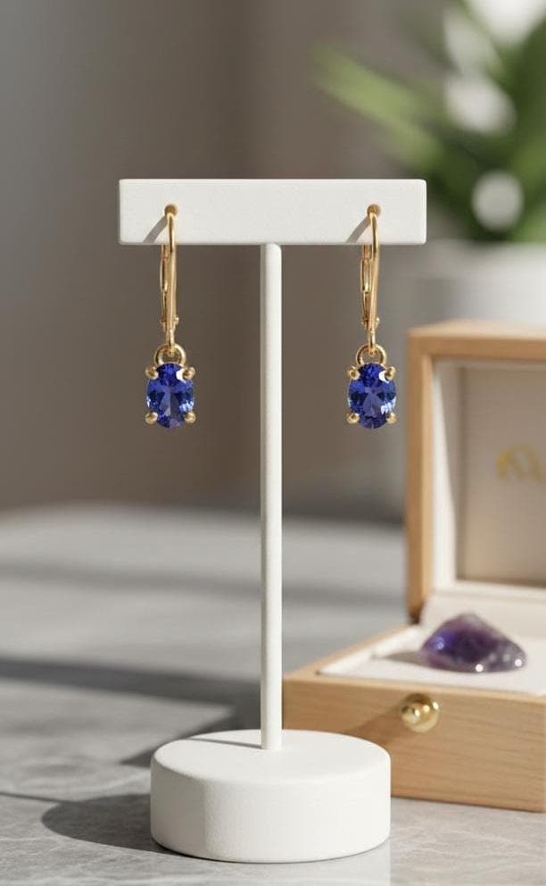 14K Yellow Gold Oval Tanzanite Lever Back Earrings | Natural Gemstone Jewelry