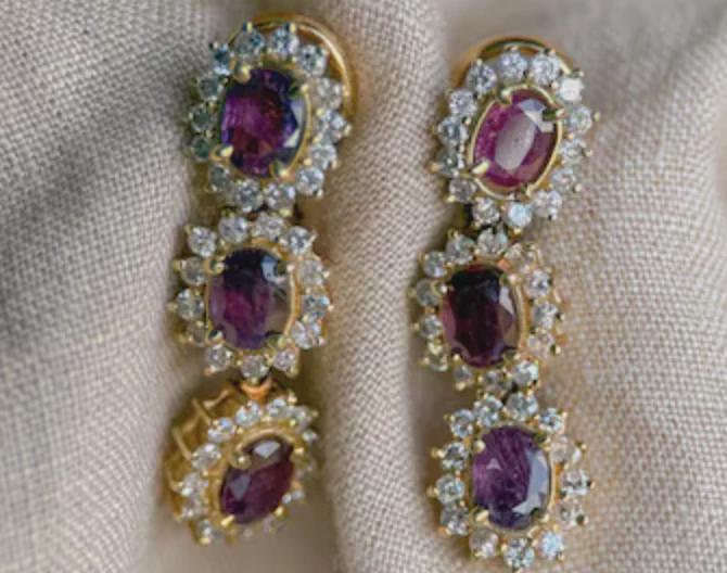 Custom Rhodolite Drop Earrings, Diamond Halo, 14K Gold, Personalized Jewelry