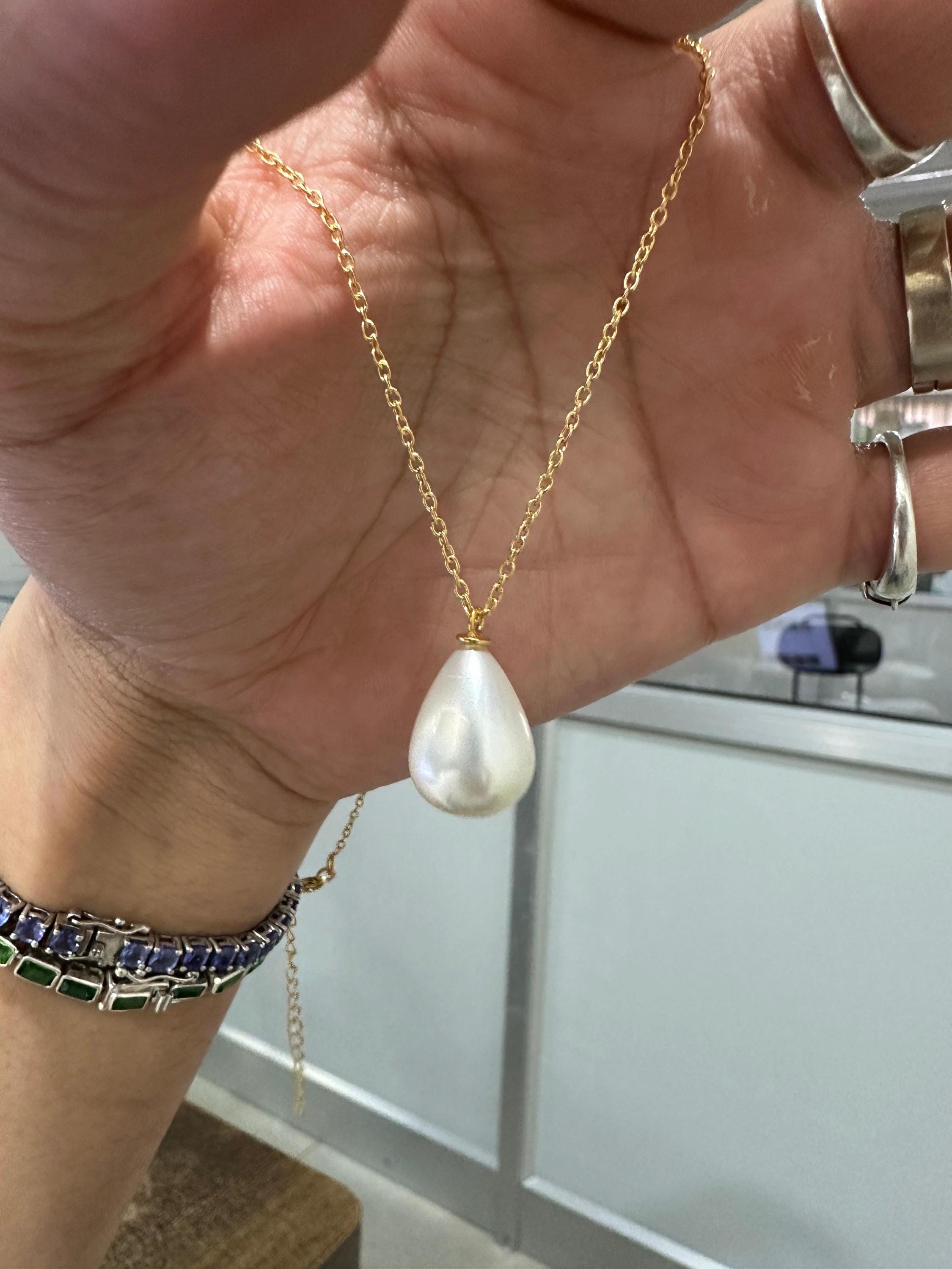 Teardrop Pearl Pendant Necklace, 14K Gold Vermeil Sterling Silver, Minimalist Statement Jewelry