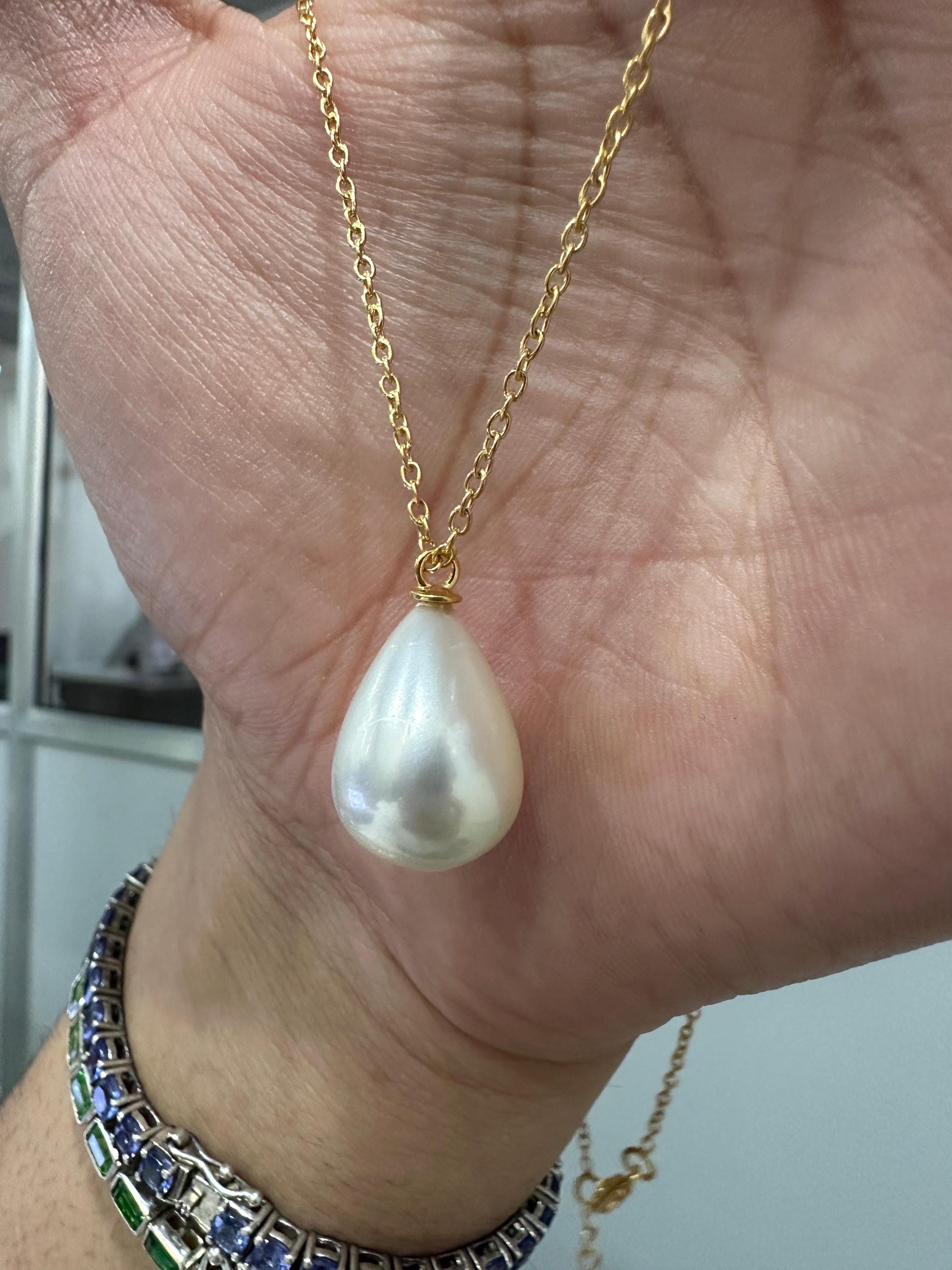 Teardrop Pearl Pendant Necklace, 14K Gold Vermeil Sterling Silver, Minimalist Statement Jewelry