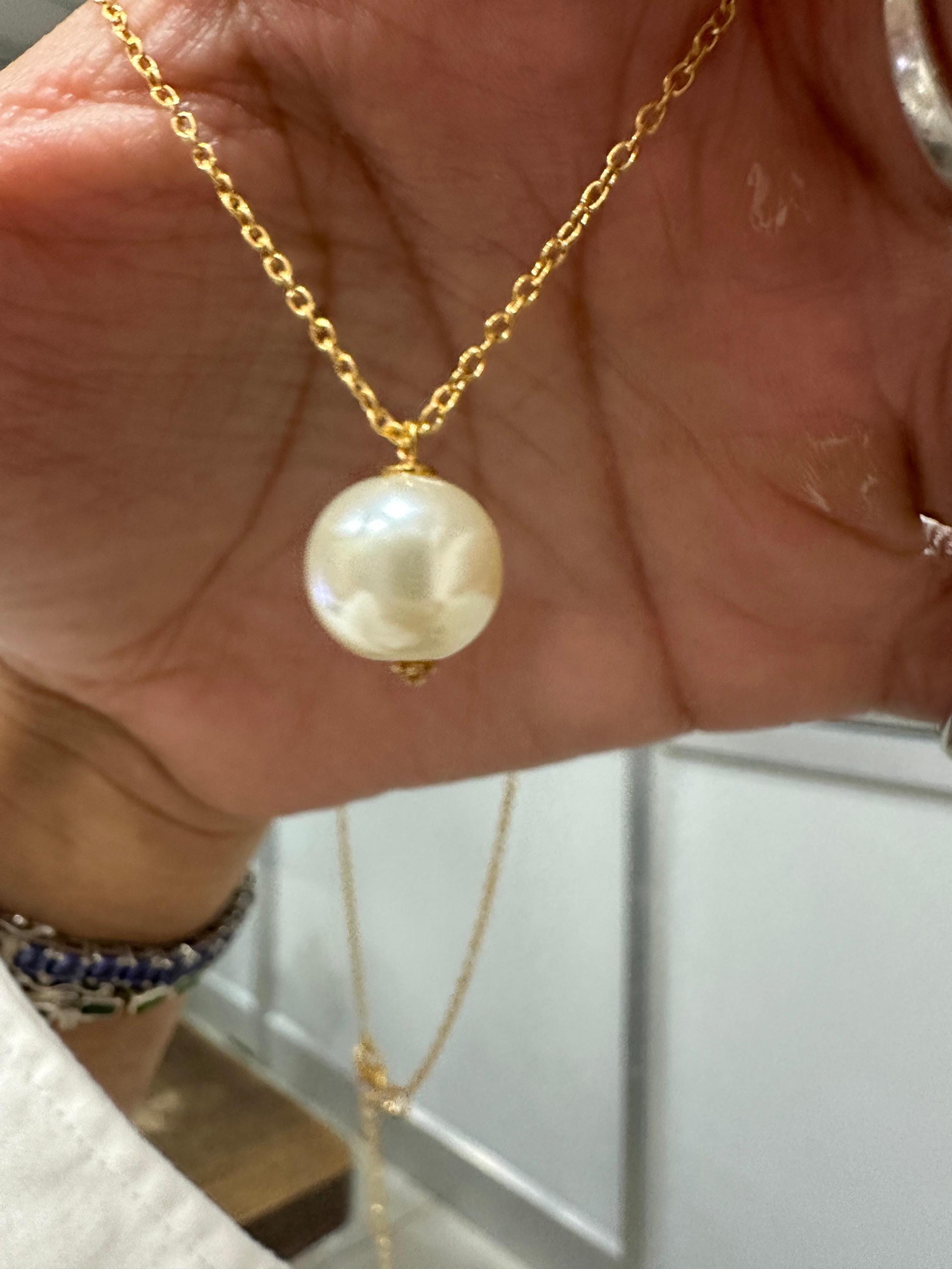 Round Pearl Pendant Necklace, Gold Vermeil 925 Silver, Minimal Classic Jewelry