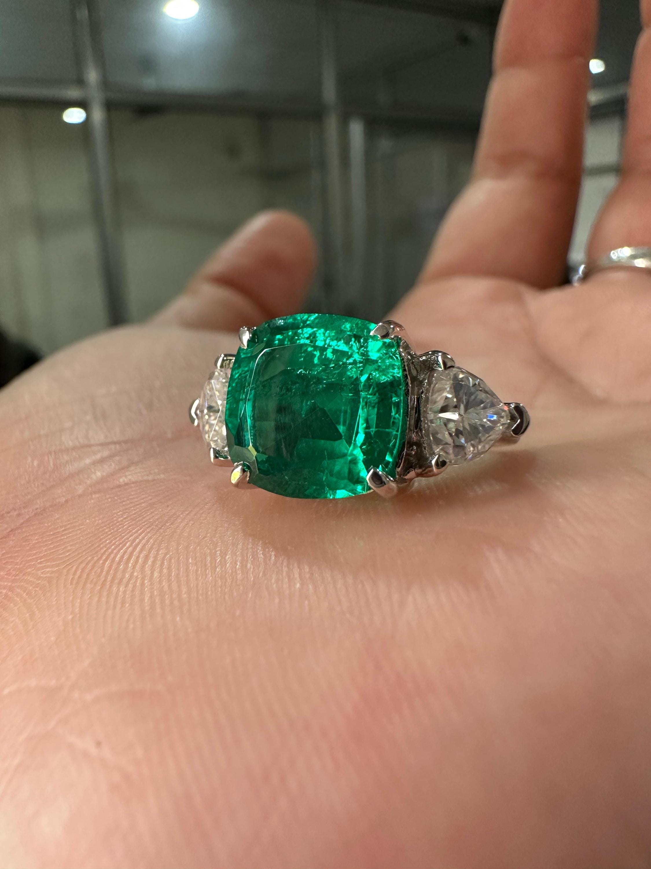 14k White Gold Cushion Emerald Ring | Trillion Moissanite Three Stone Ring