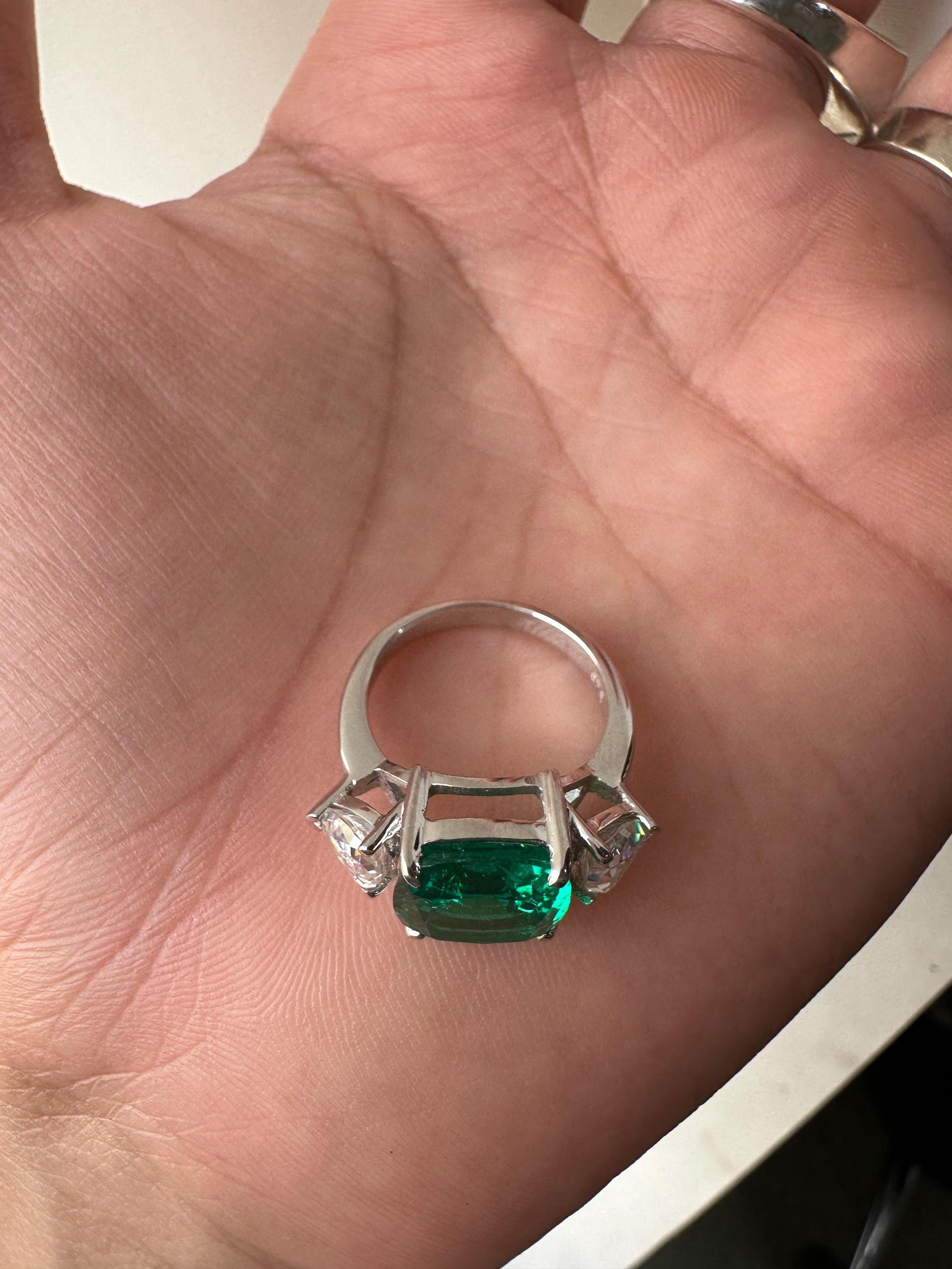 14k White Gold Cushion Emerald Ring | Trillion Moissanite Three Stone Ring