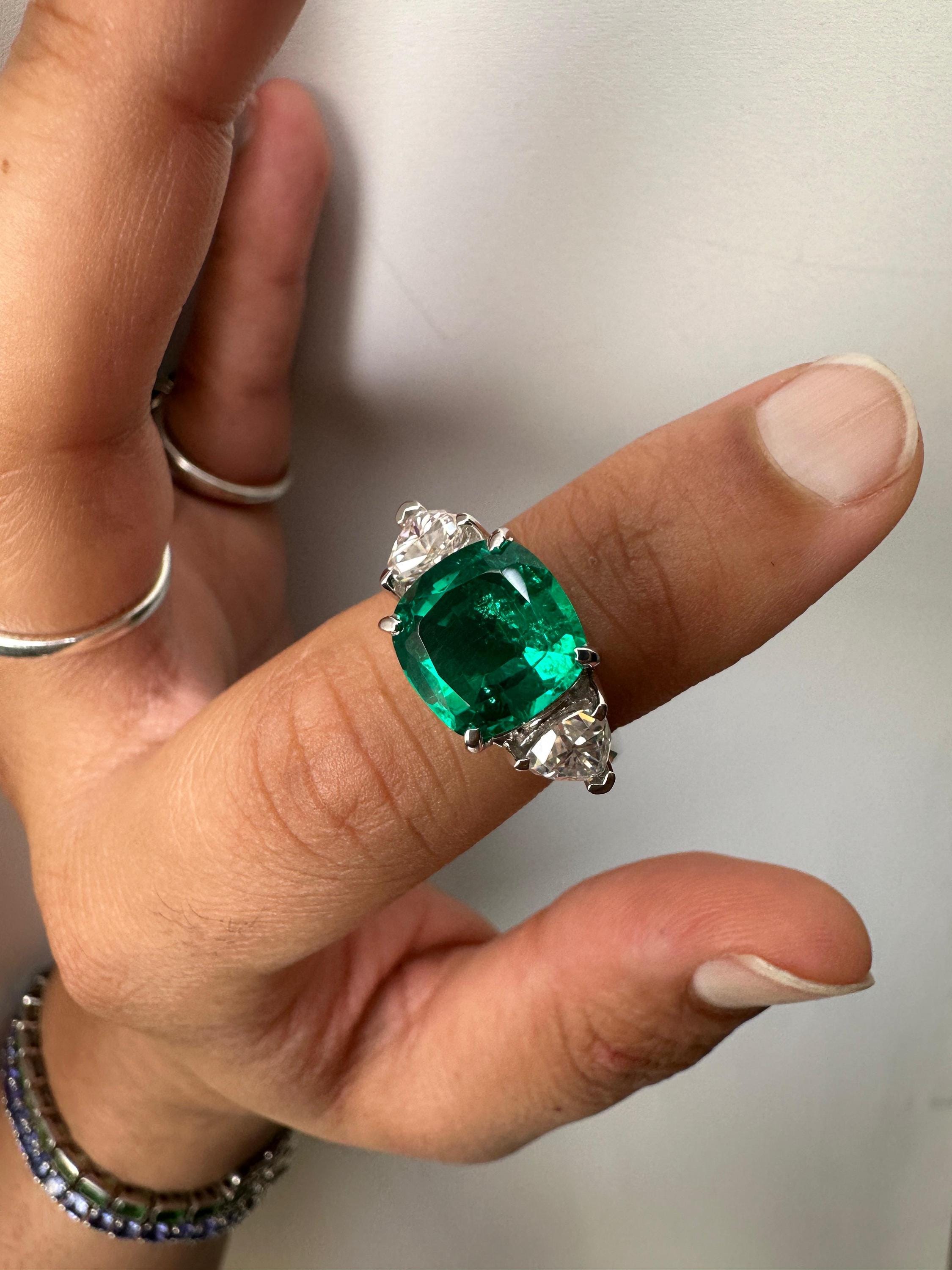 14k White Gold Cushion Emerald Ring | Trillion Moissanite Three Stone Ring
