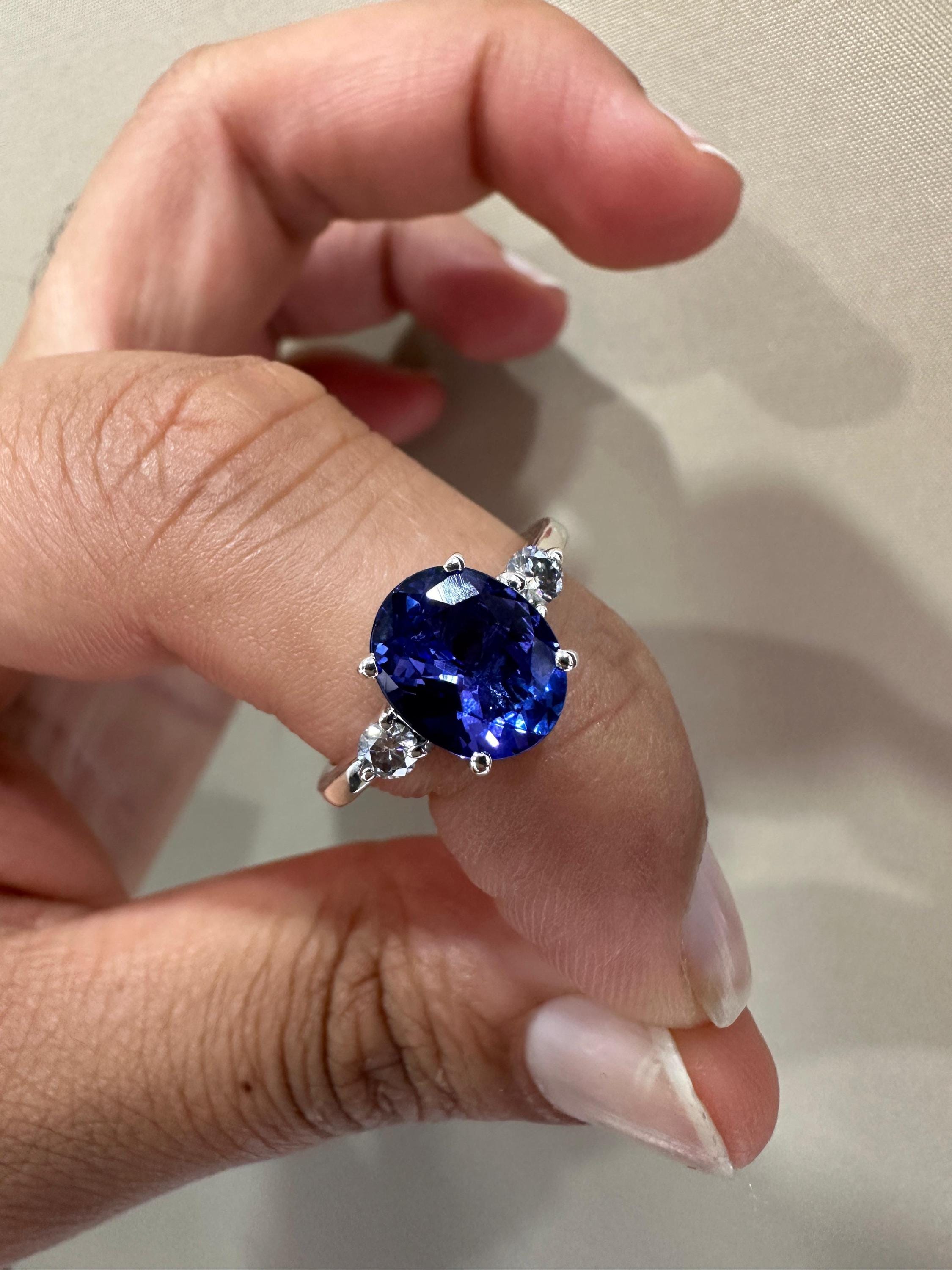 Exceptional Tanzanite Diamond Ring | 14k White Gold, Three Stone Bridal Ring for her