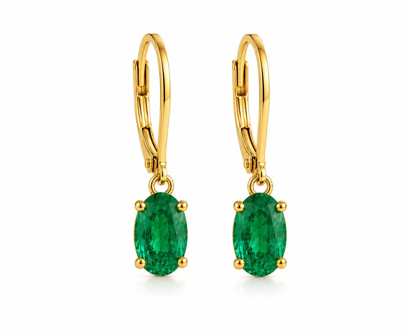 14K Gold Oval Emerald Drop Earrings, Lab Colombian Gemstone Lever Back Jewelry