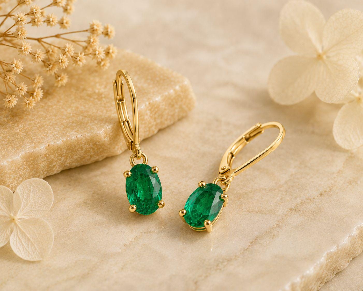 14K Gold Oval Emerald Drop Earrings, Lab Colombian Gemstone Lever Back Jewelry