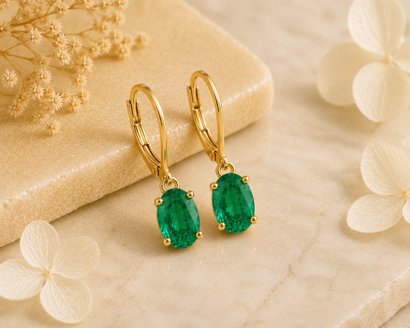 14K Gold Oval Emerald Drop Earrings, Lab Colombian Gemstone Lever Back Jewelry