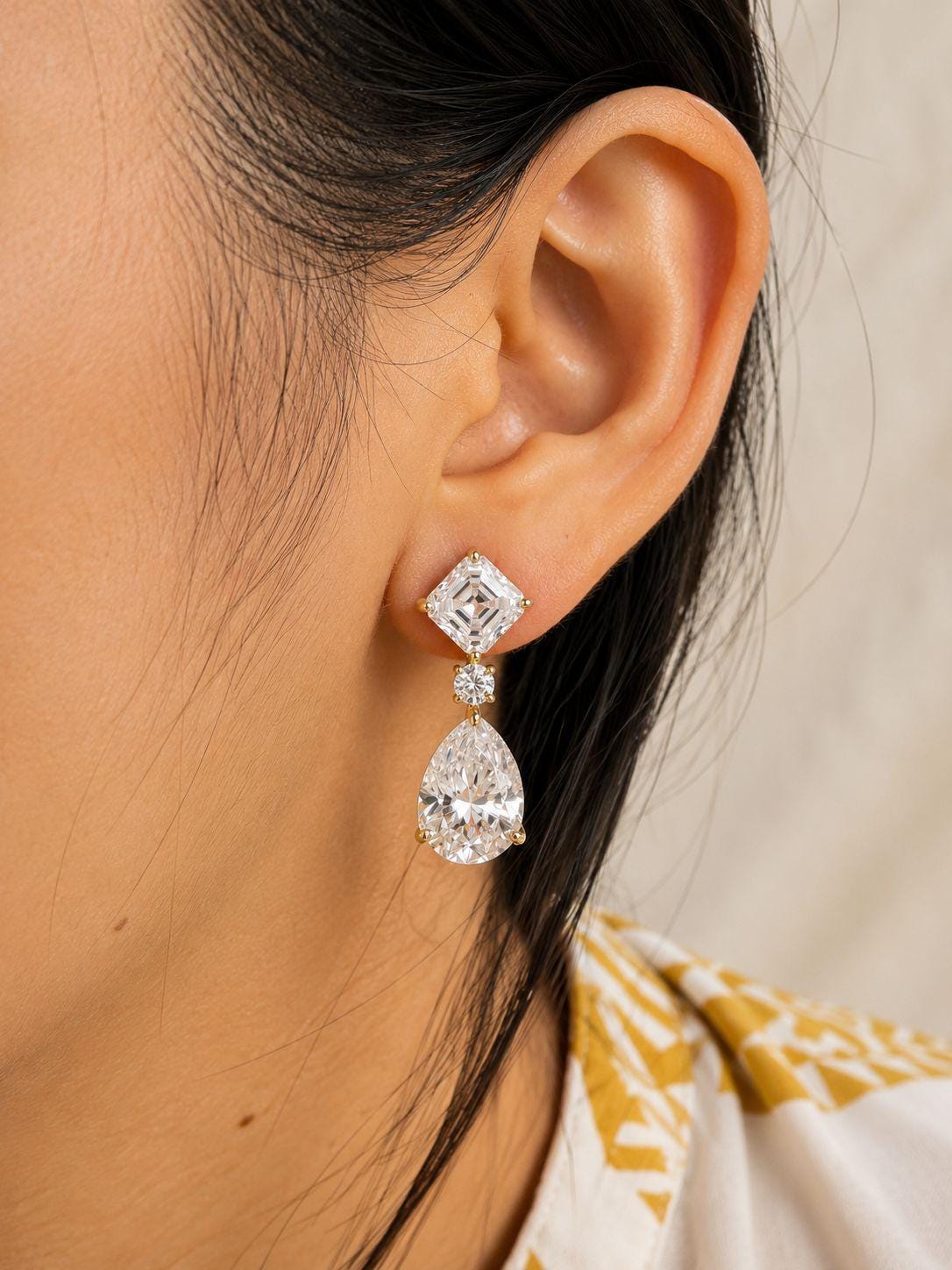 Moissanite Drop Earrings: Asscher & Pear Cut, 925 Silver Bridal Jewelry