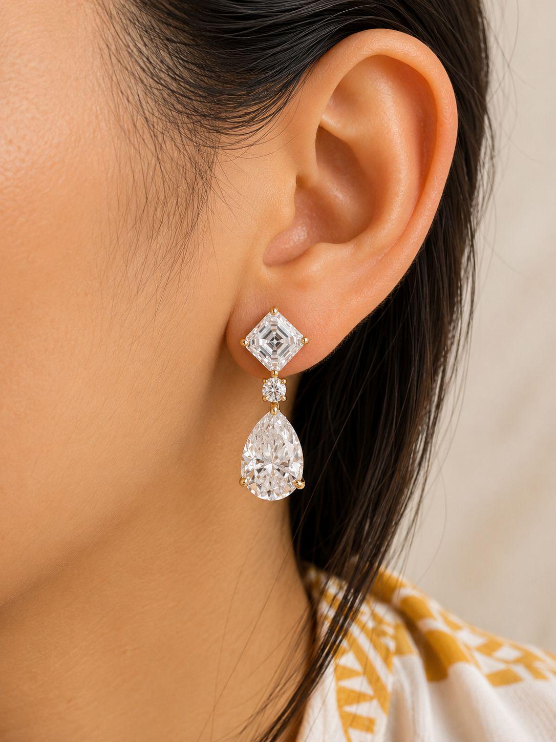 14K Gold Moissanite Drop Bridal Earrings, Pear Asscher drop studs, Statement Wedding Jewelry