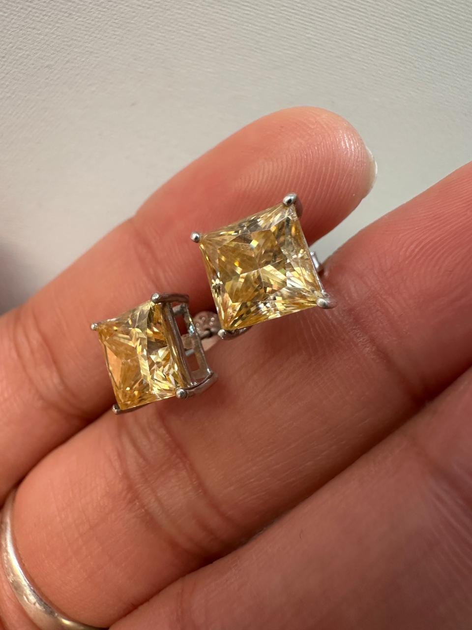 7 CT Princess Cut Yellow Moissanite Stud Earrings, 14K White Gold Statement Jewelry