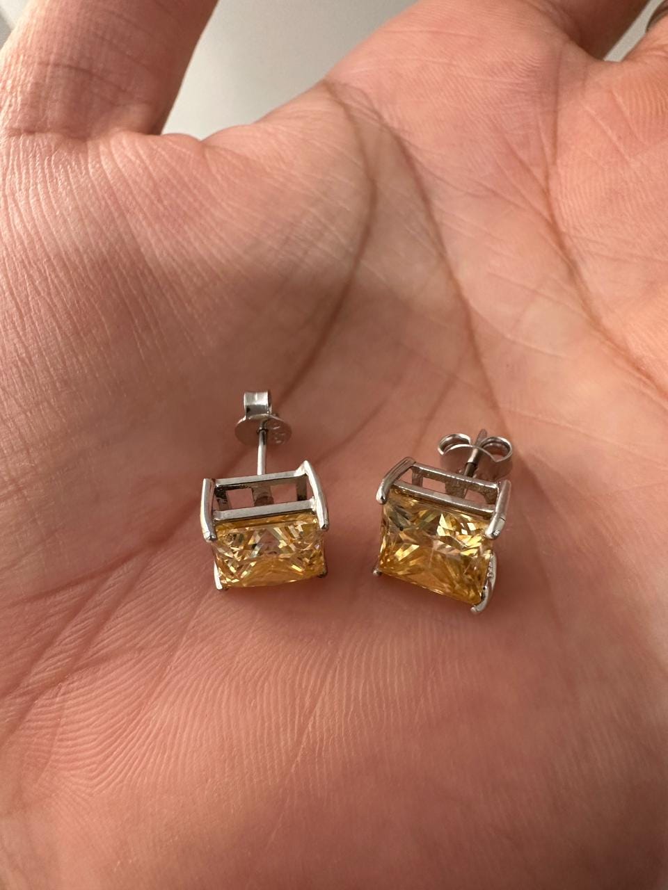 7 CT Princess Cut Yellow Moissanite Stud Earrings, 14K White Gold Statement Jewelry