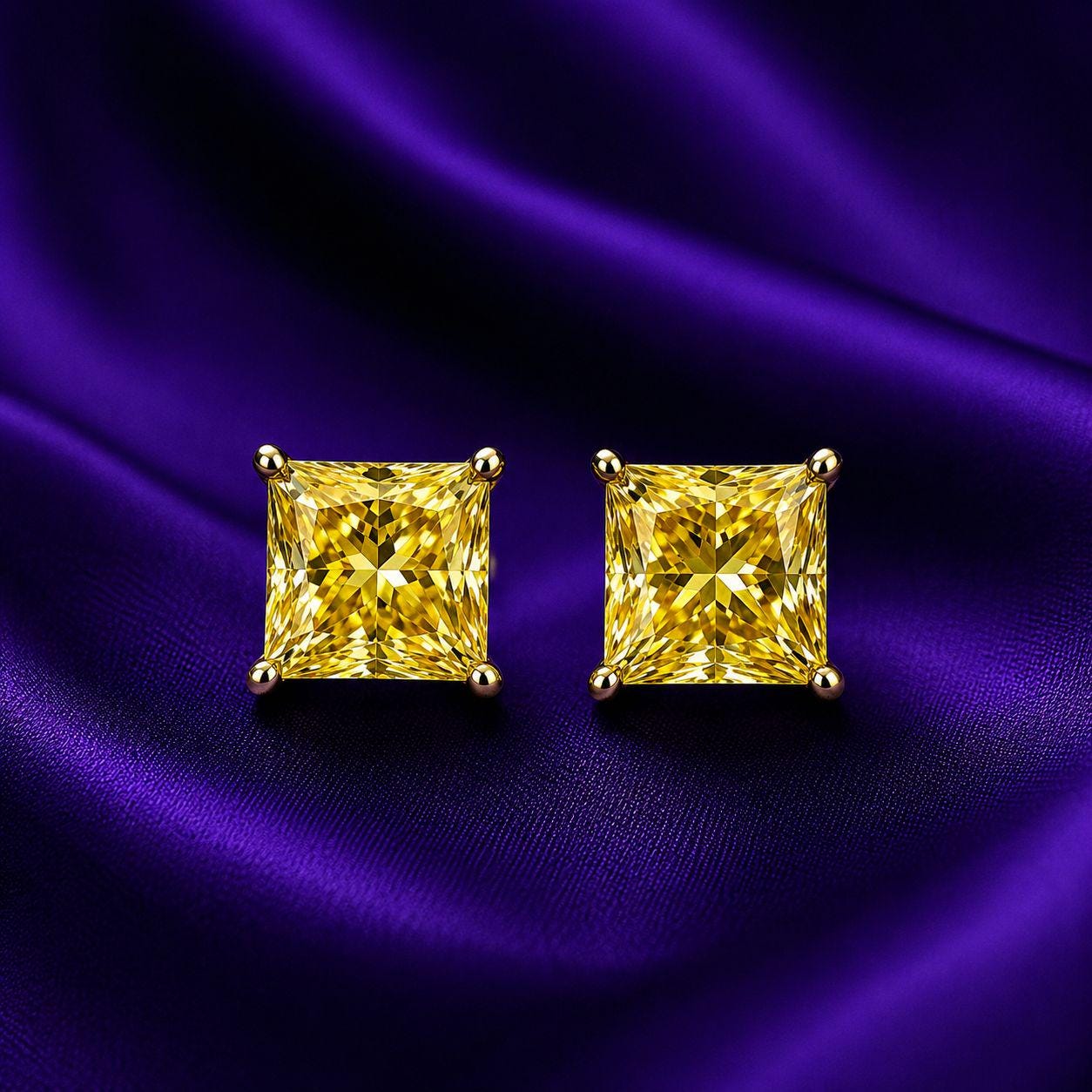 7 CT Princess Cut Yellow Moissanite Stud Earrings, 14K White Gold Statement Jewelry