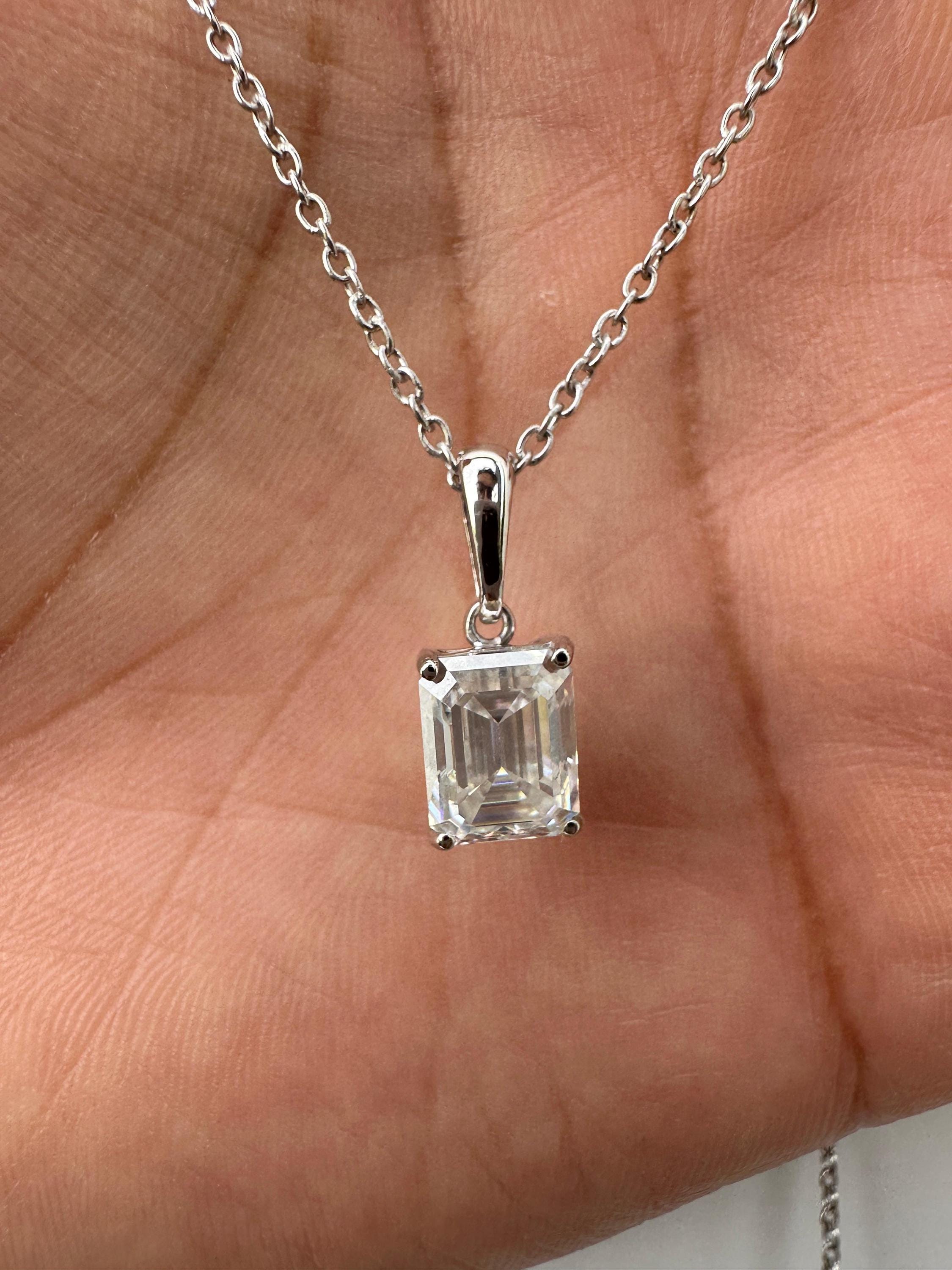 2 CT Emerald Cut Moissanite Solitaire Pendant Necklace, 925 Sterling Silver, Minimalist Fine Jewelry