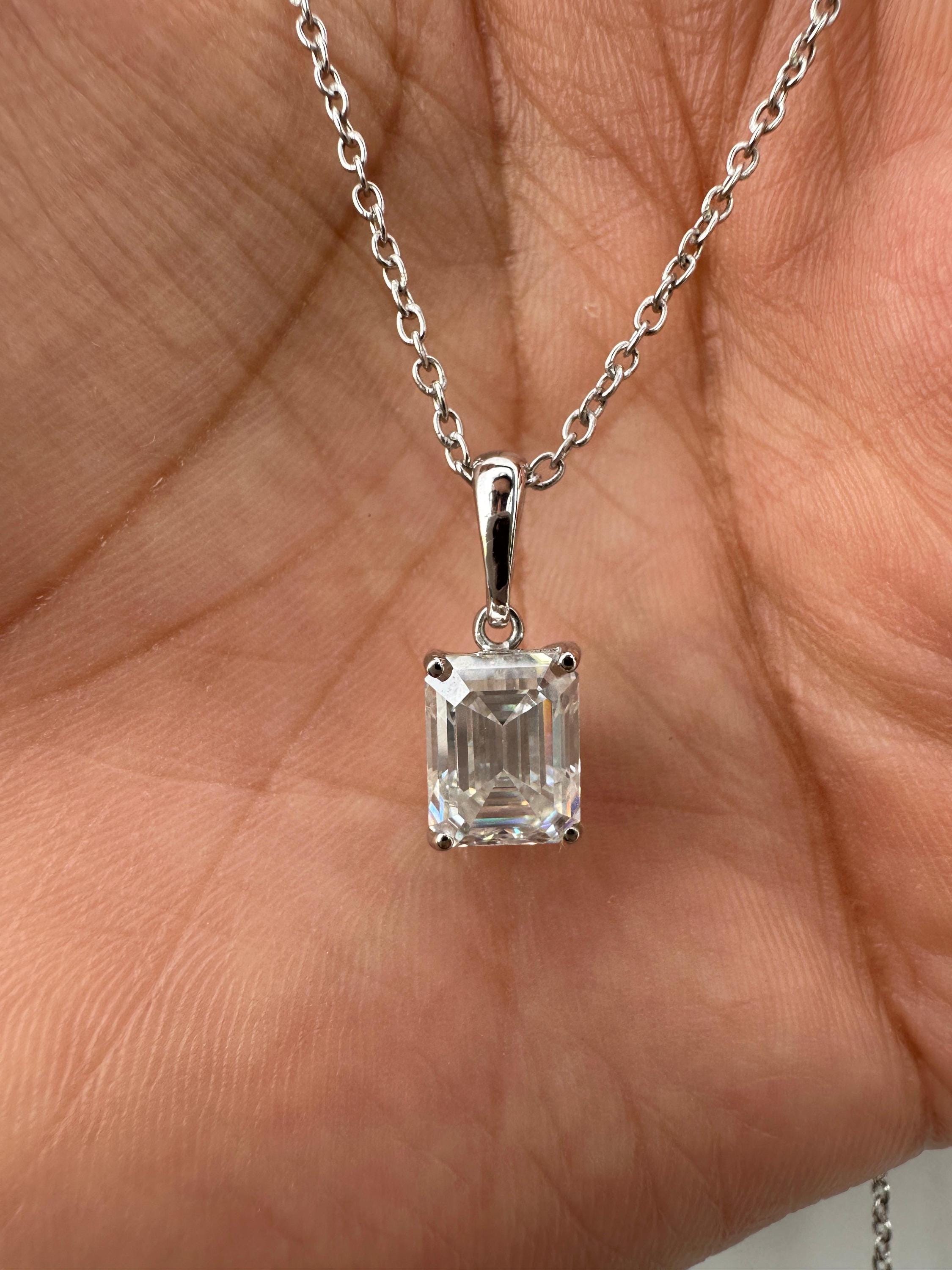 2 CT Emerald Cut Moissanite Solitaire Pendant Necklace, 925 Sterling Silver, Minimalist Fine Jewelry