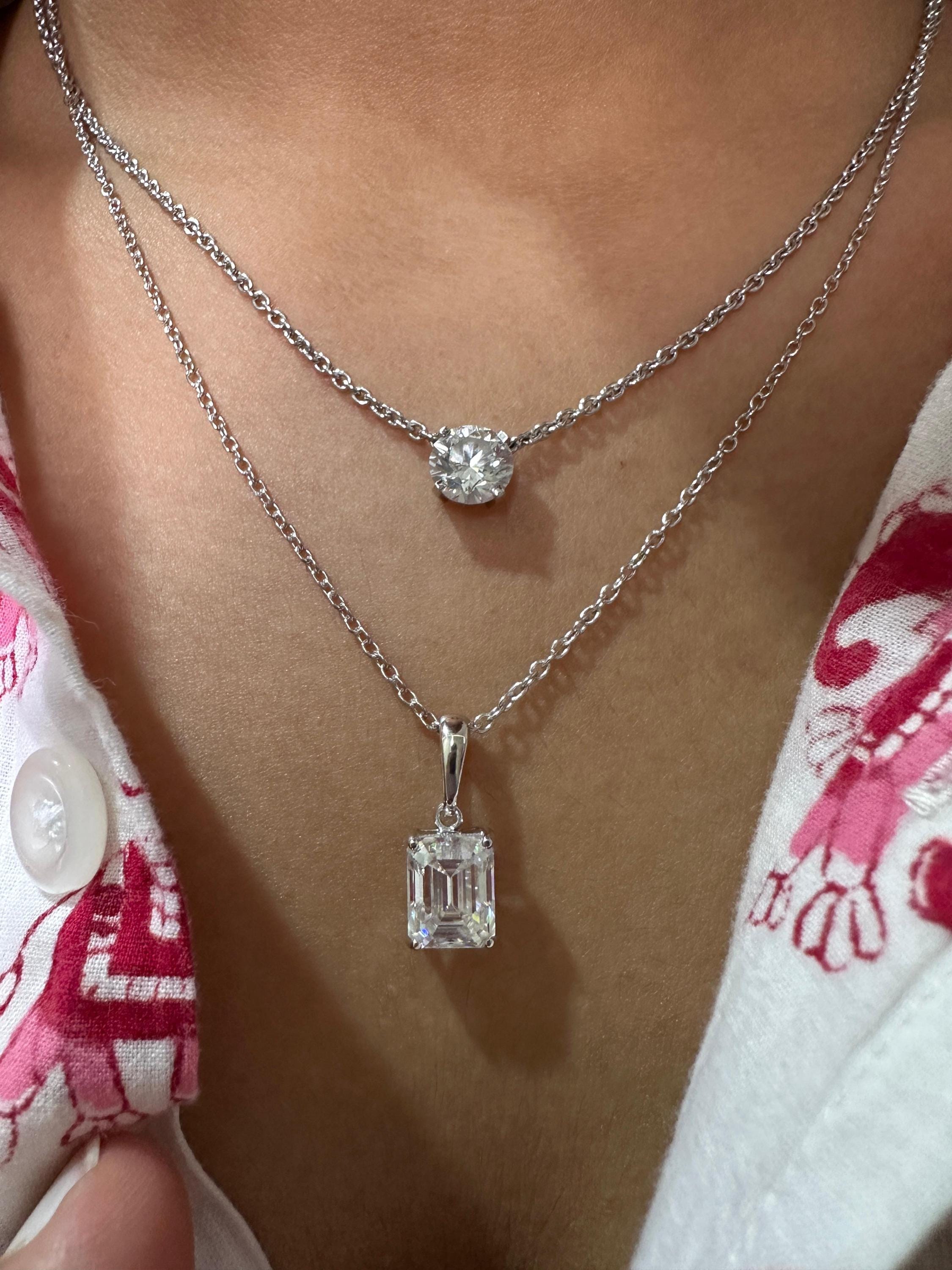 2 CT Emerald Cut Moissanite Solitaire Pendant Necklace, 925 Sterling Silver, Minimalist Fine Jewelry